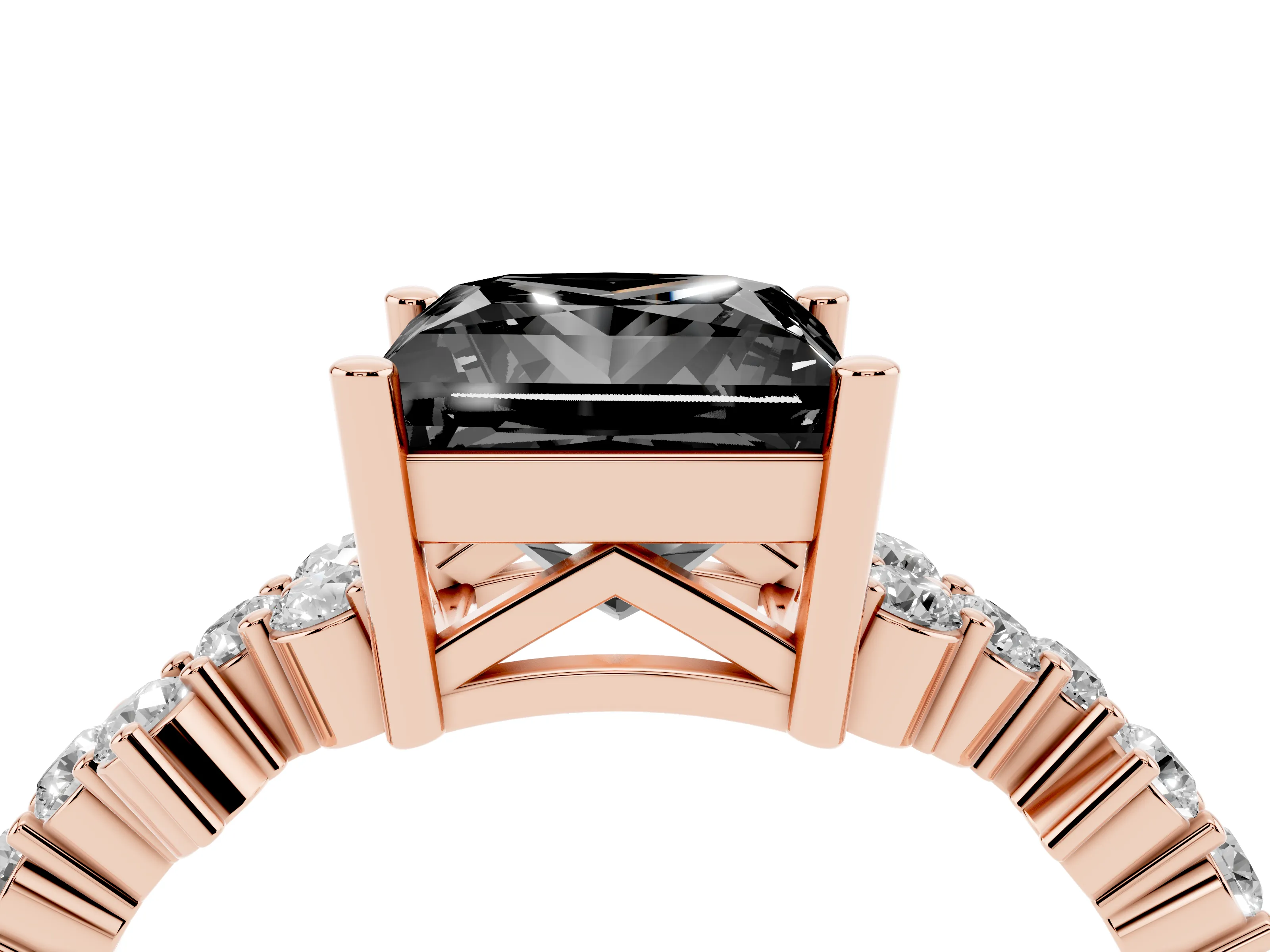 Fancy Black Princess Cut Diamond Ring Set in Rose gold with Scattered Round Accents