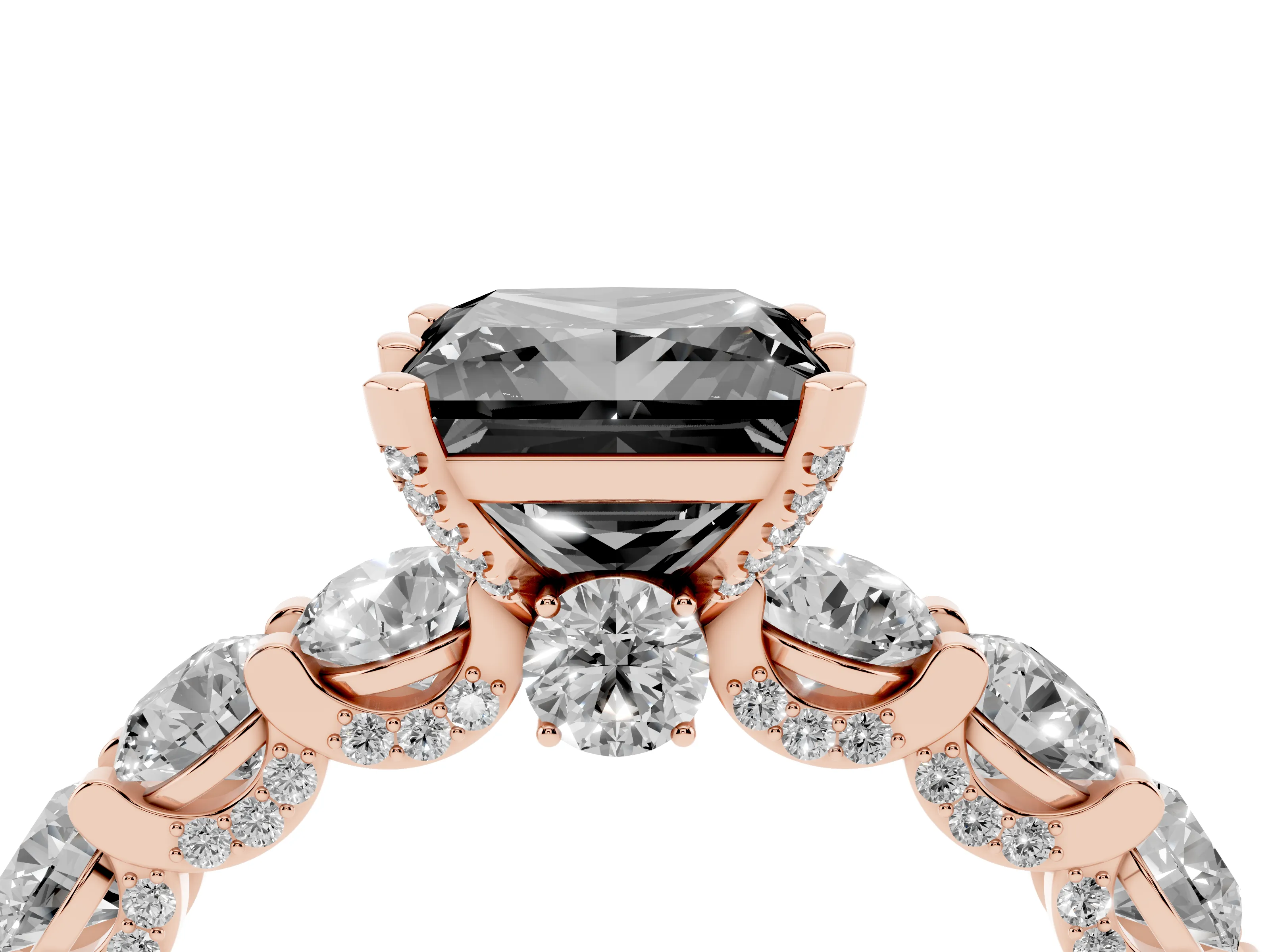 Fancy Black Princess Cut Diamond Side Stone Ring Set in Rose gold with Alternating Round and Oval Side Stones