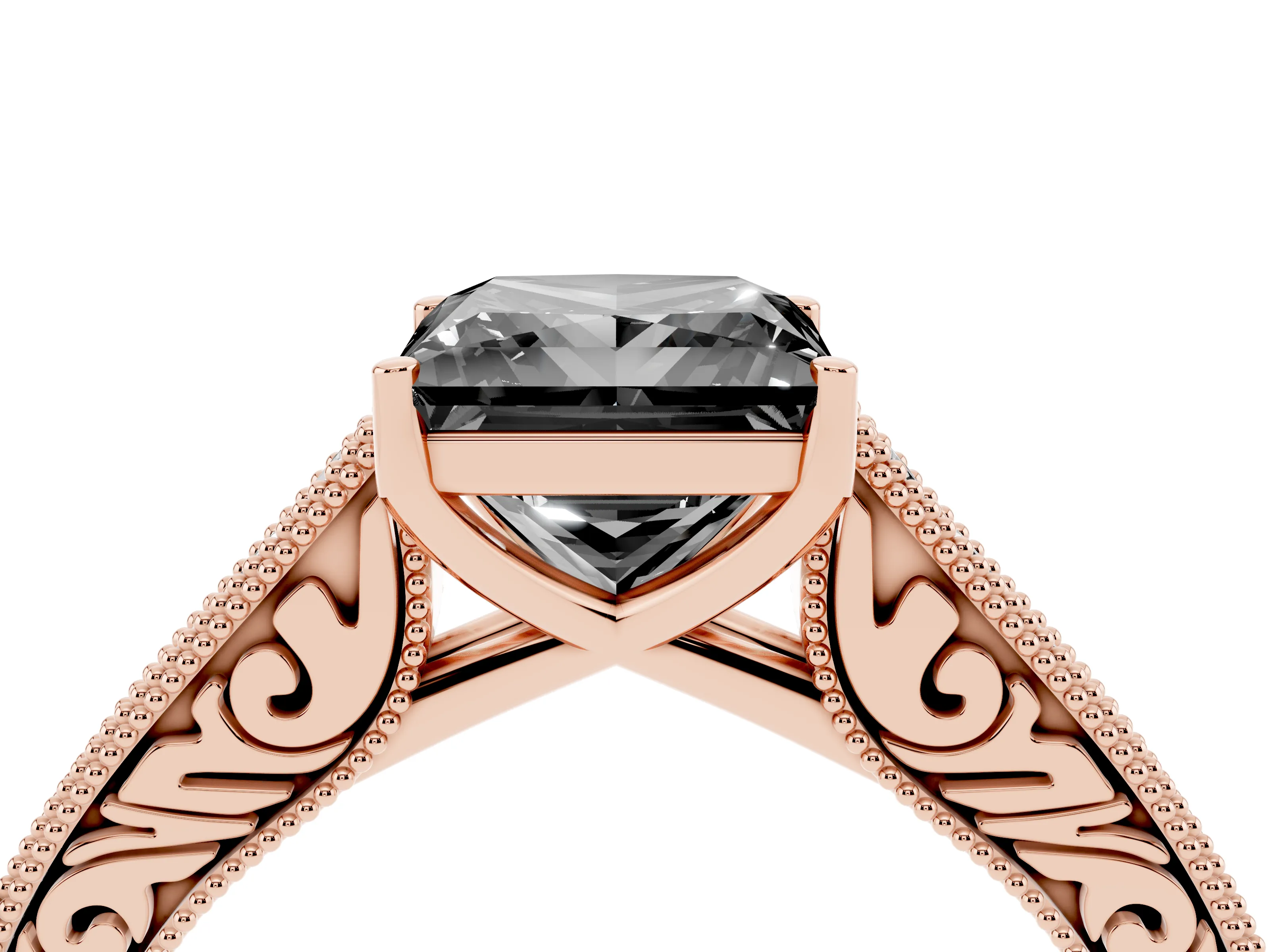 Fancy Black Princess Cut Diamond Milgrain Pavé Band Solitaire Ring Set in Rose gold with Prong Setting