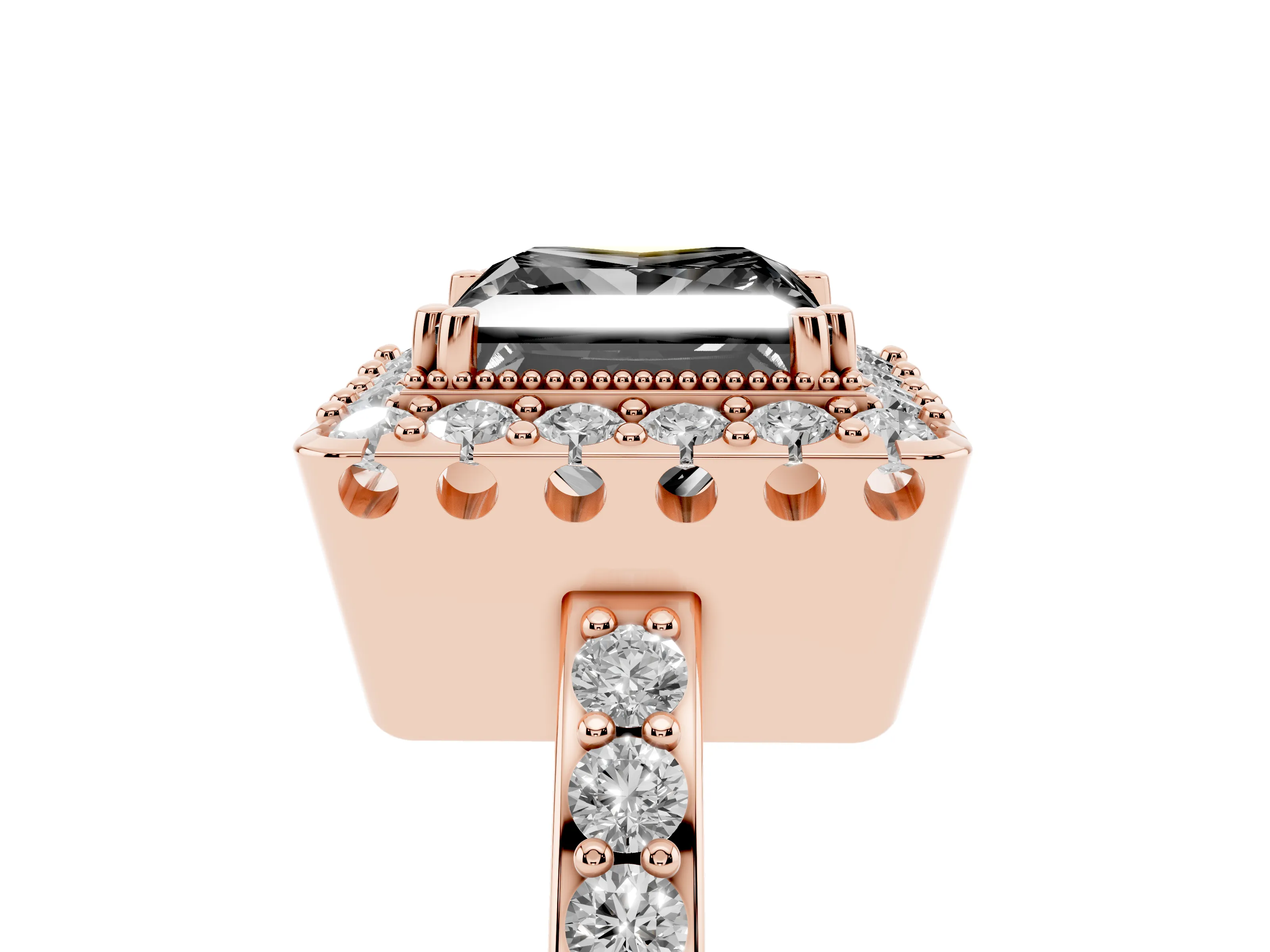 Fancy Black Princess Cut Diamond Halo Ring Set in Rose gold with Pavé Shank and Prong Setting