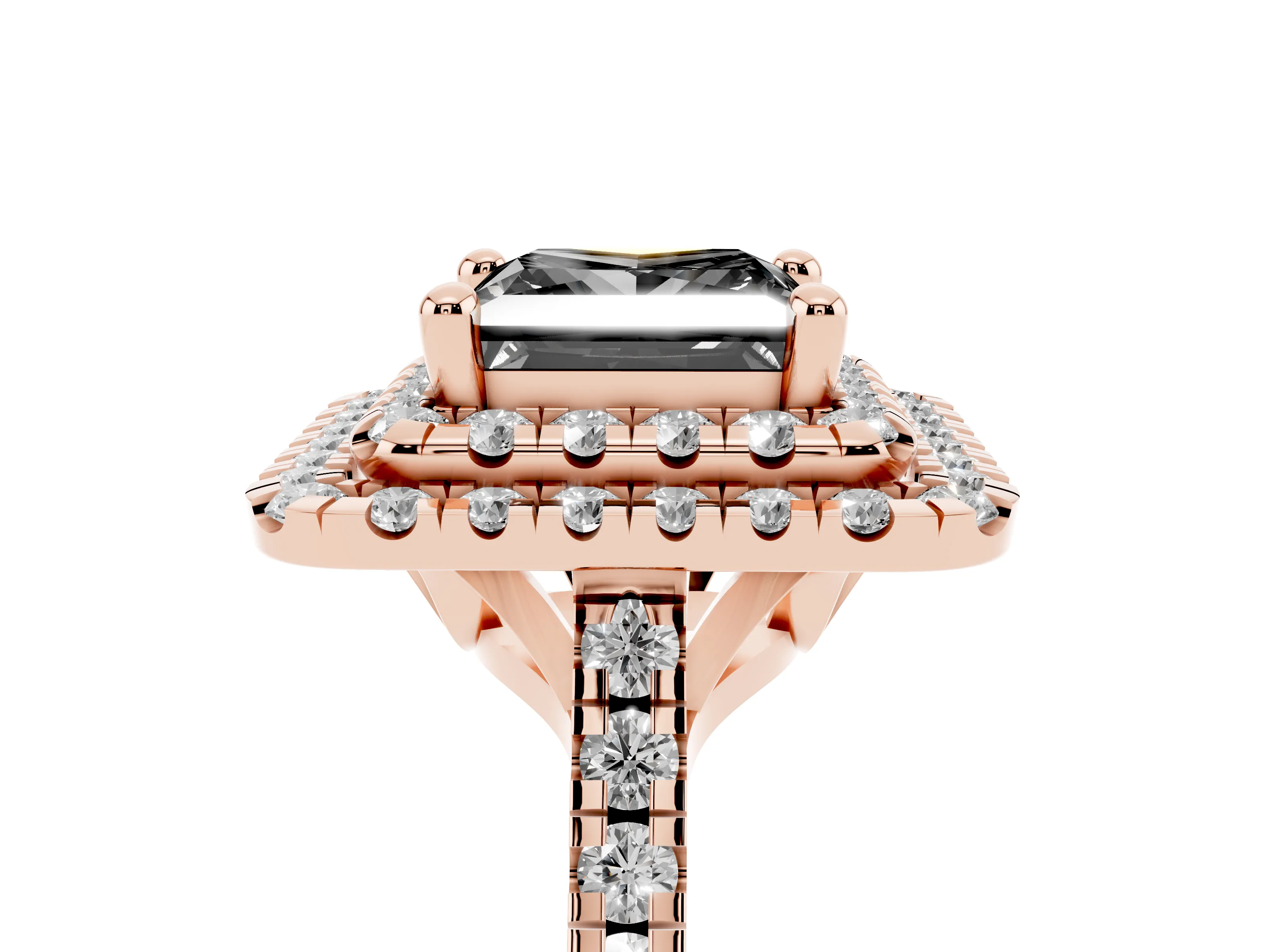 Fancy Black Princess Cut Diamond Double Halo Statement Ring Set in Rose gold with Pavé Band