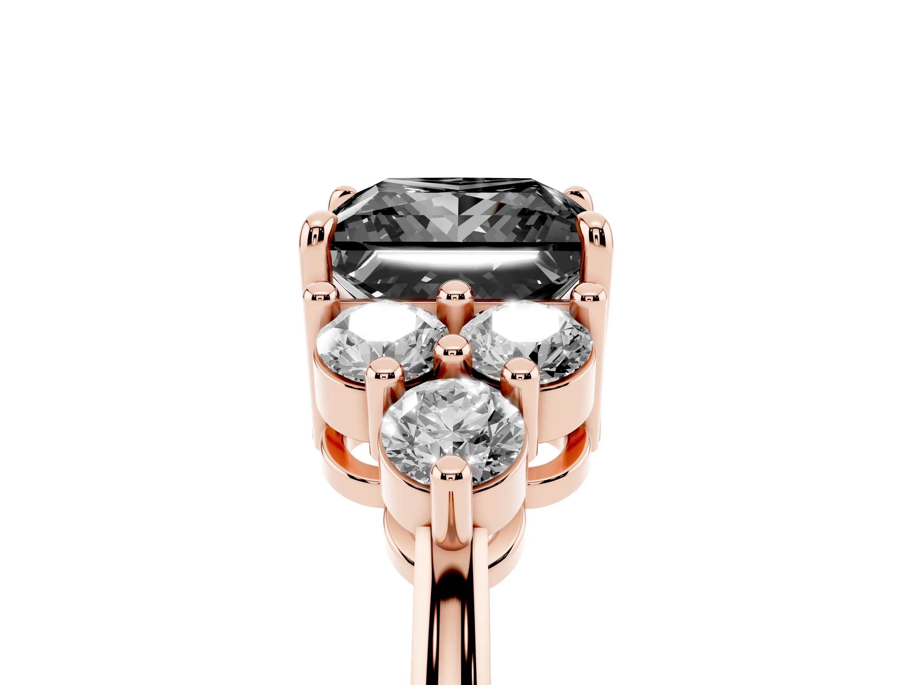Fancy Black Princess Cut Diamond Solitaire Ring Set in Rose gold with Cluster Accents on Each Side