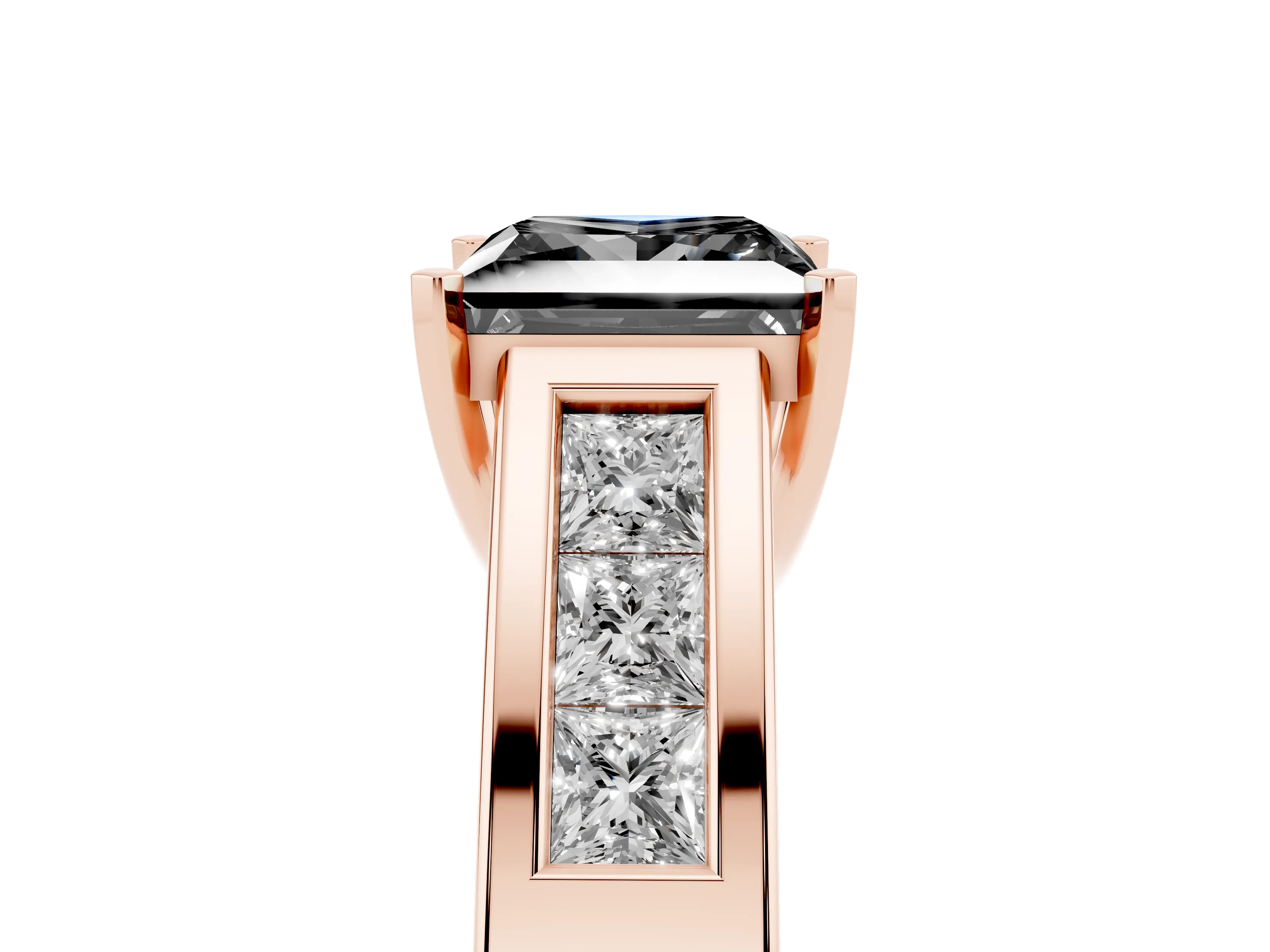 Fancy Black Princess Cut Diamond Solitaire Ring Set in Rose gold with Channel-Set Accent Stones and Prong Setting