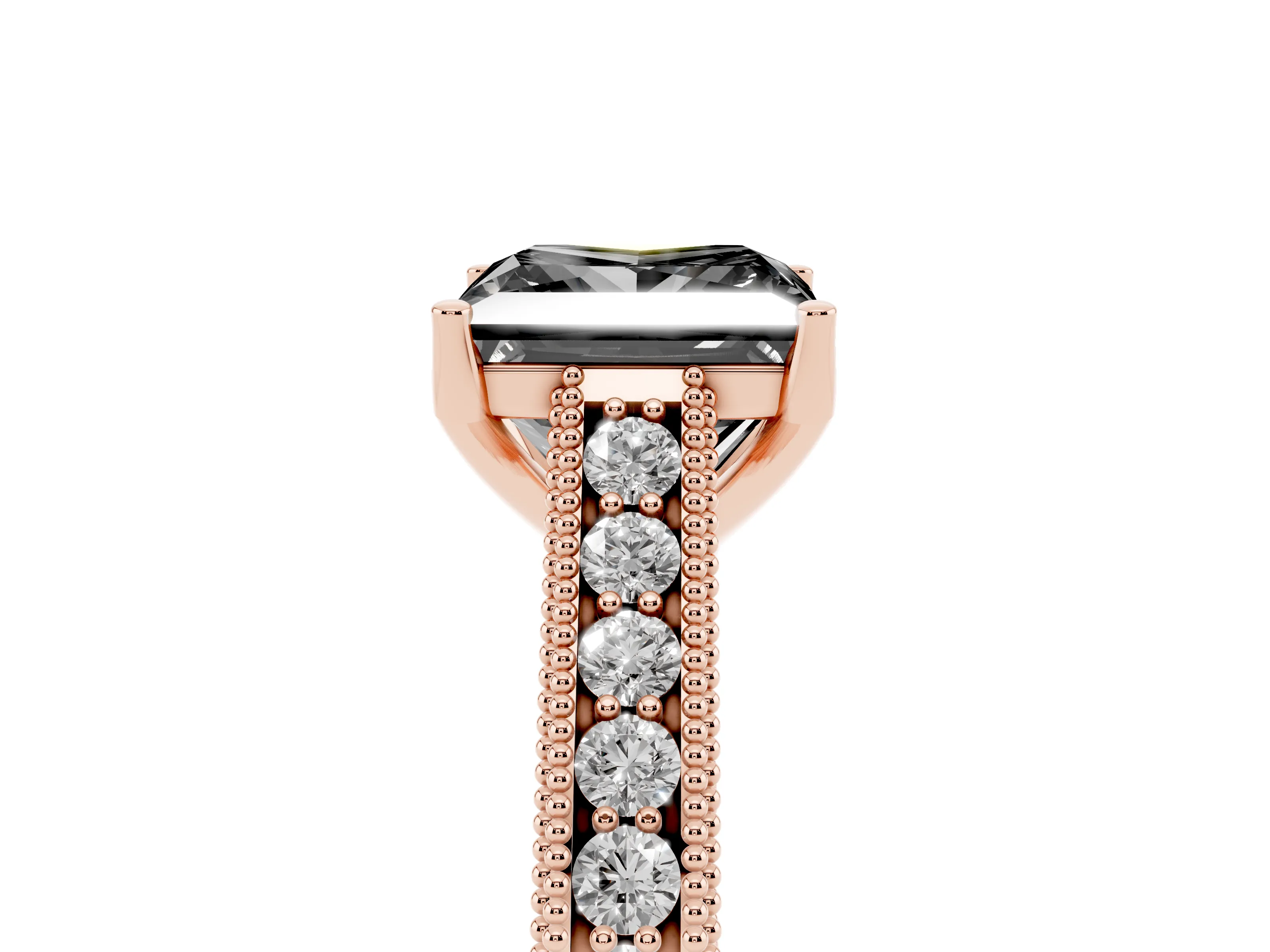 Fancy Black Princess Cut Diamond Milgrain Pavé Band Solitaire Ring Set in Rose gold with Prong Setting
