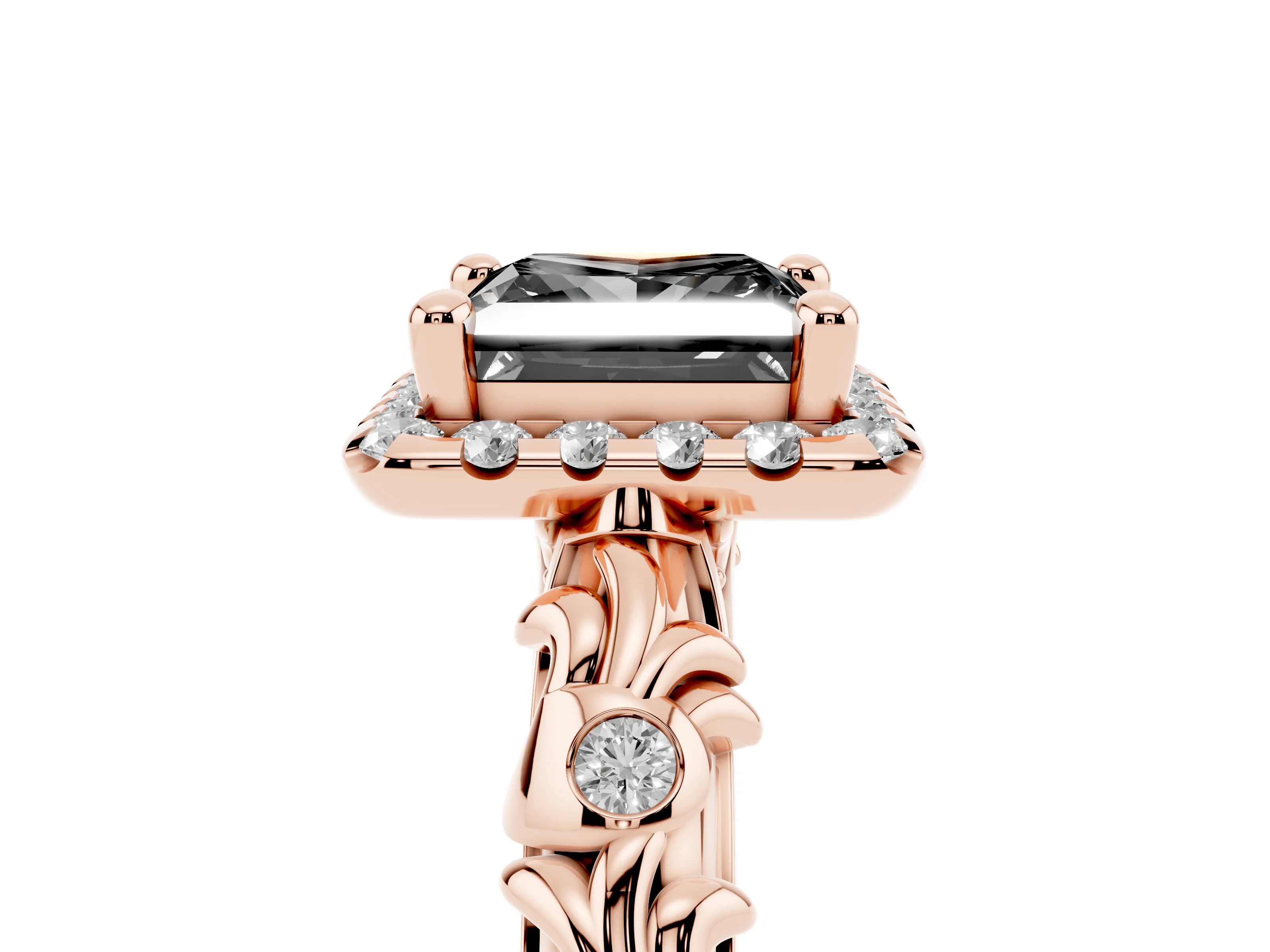 Fancy Black Princess Cut Diamond Halo Ring Set in Rose gold with Filigree Leaf Band and Prong Setting