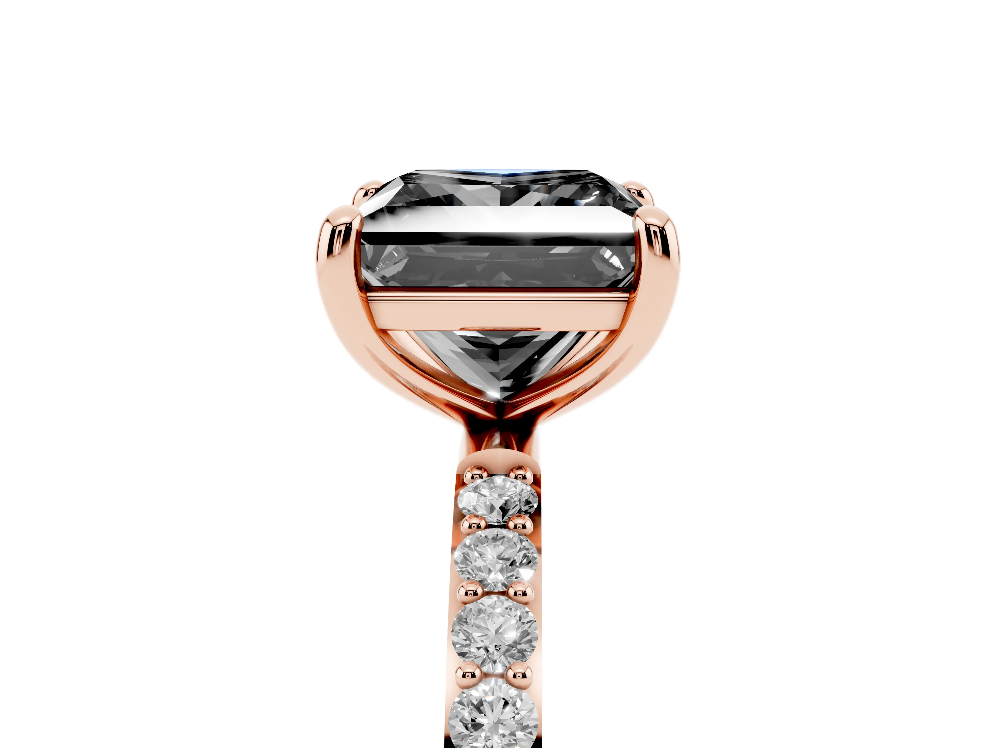Fancy Black Princess Cut Diamond Solitaire Ring Set in Rose gold with Round Pavé Band and Prong Setting
