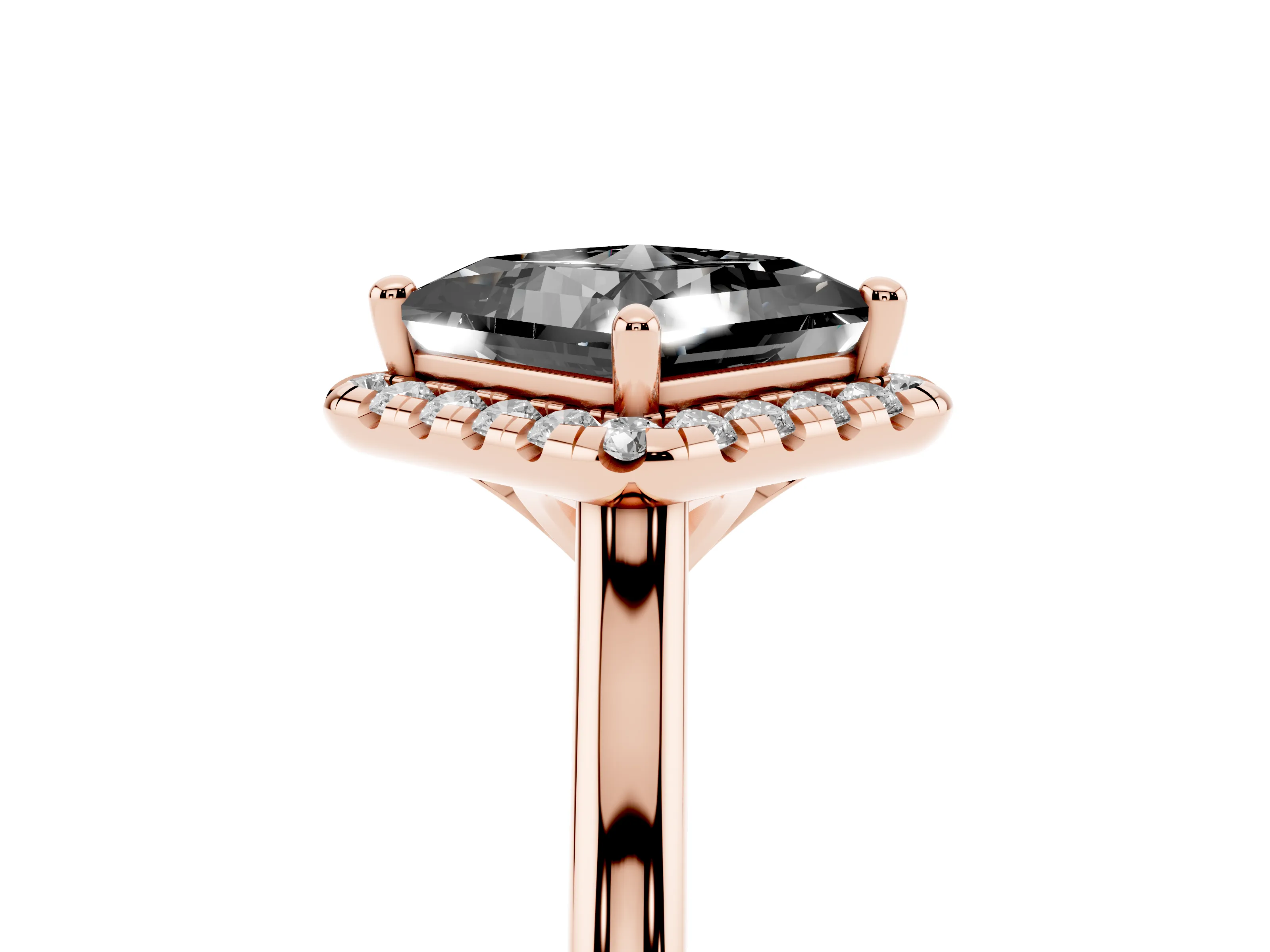 Fancy Black Princess Cut Diamond Halo Engagement Ring Set in Rose gold with Pavé Band and Rising Shoulders