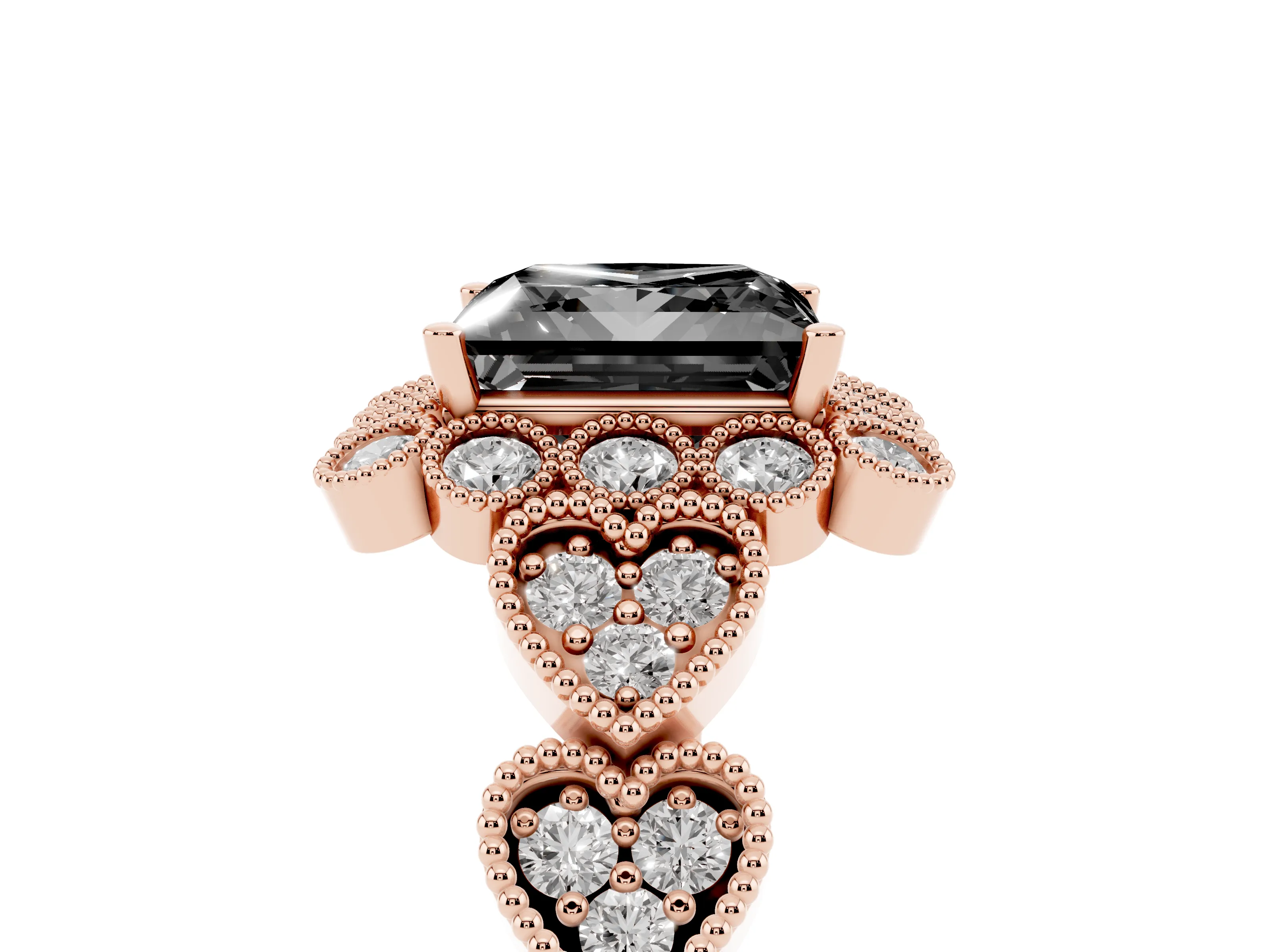 Fancy Black Princess Cut Diamond Solitaire Ring Set in Rose gold with Milgrain Pavé Heart Band