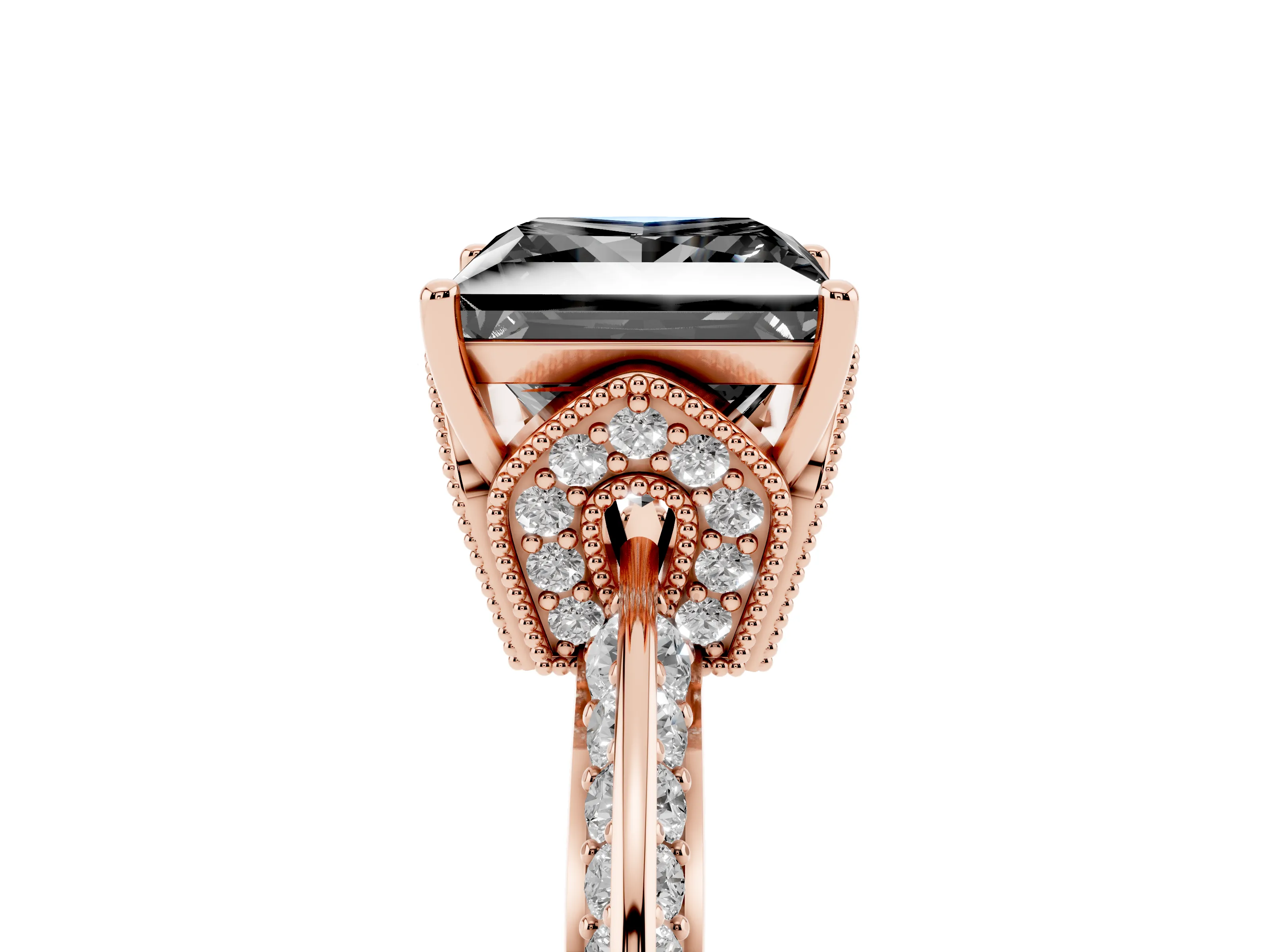 Fancy Black Princess Cut Diamond Solitaire Engagement Ring Set in Rose gold with Pavé Split Shank and Prong Setting