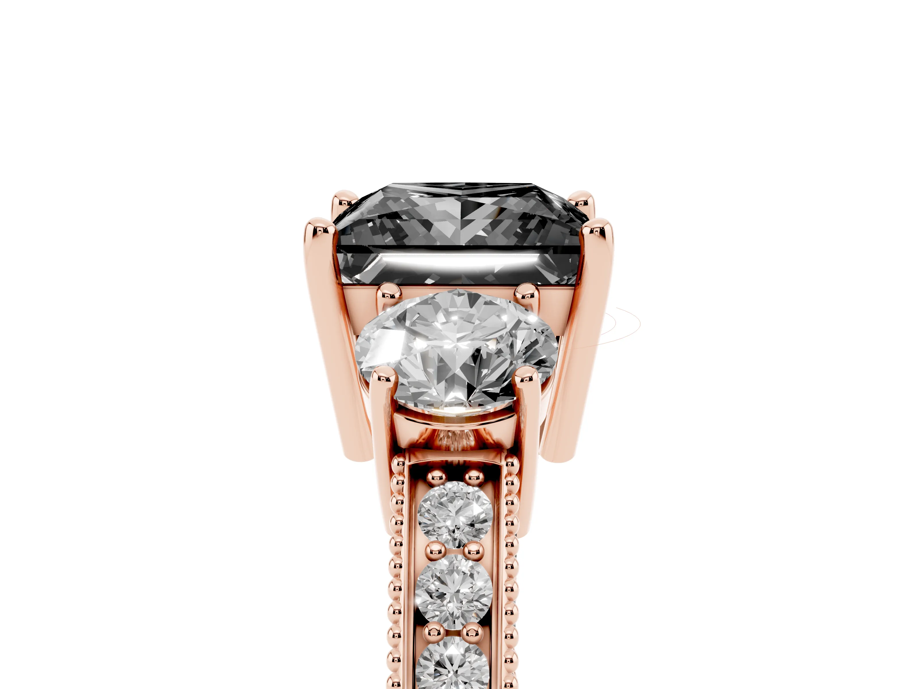 Fancy Black Princess Cut Diamond Three-Stone Ring Set in Rose gold with Round Side Stones and Pavé Band