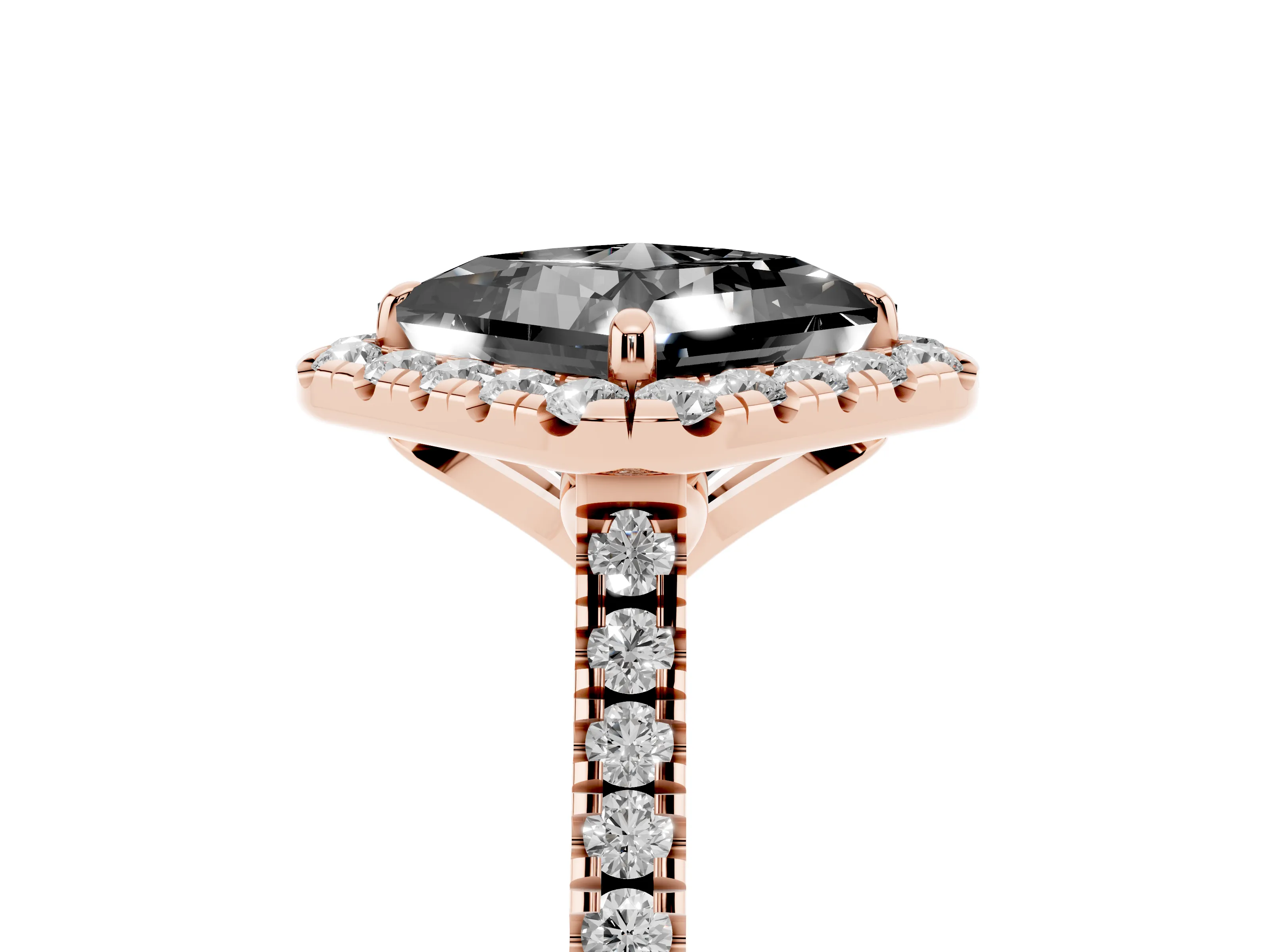 Fancy Black Princess Cut Diamond Cushion Halo Ring Set in Rose gold with Pavé Band
