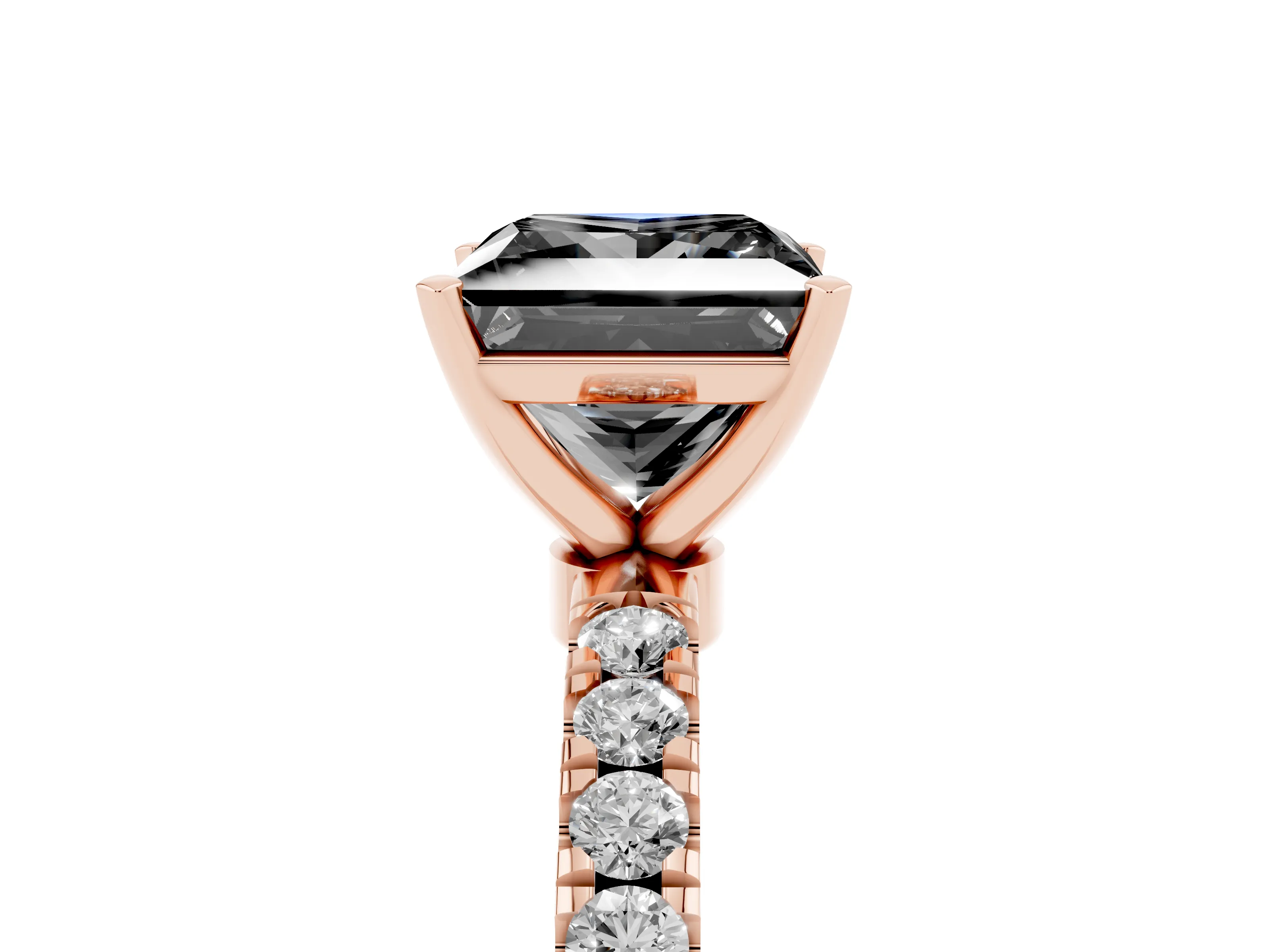 Fancy Black Princess Cut Diamond Solitaire Ring Set in Rose gold with Pavé Accents and Prong Setting