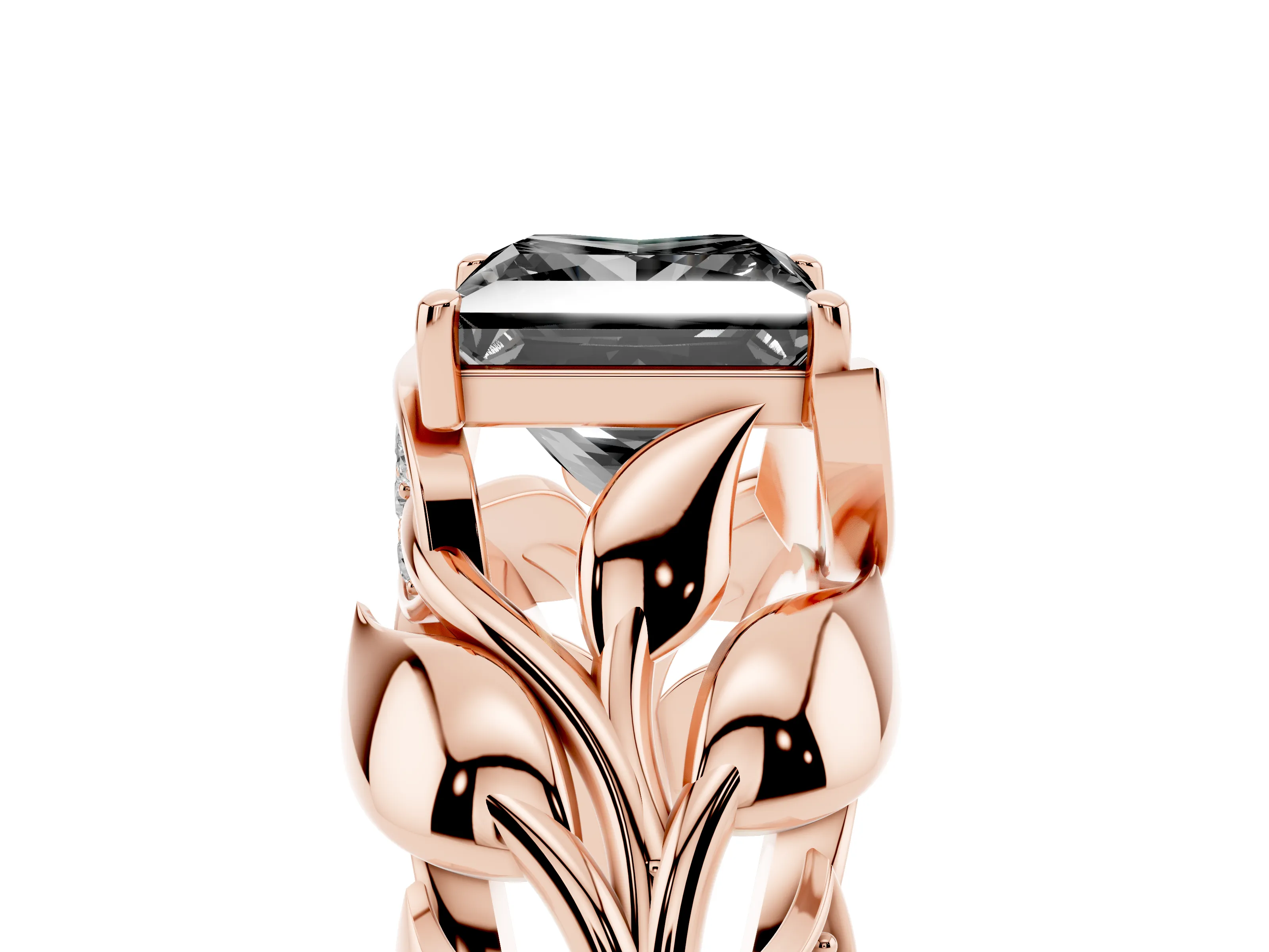 Fancy Black Princess Cut Diamond Leaf-Inspired Engagement Ring Set in Rose gold with Round Accents