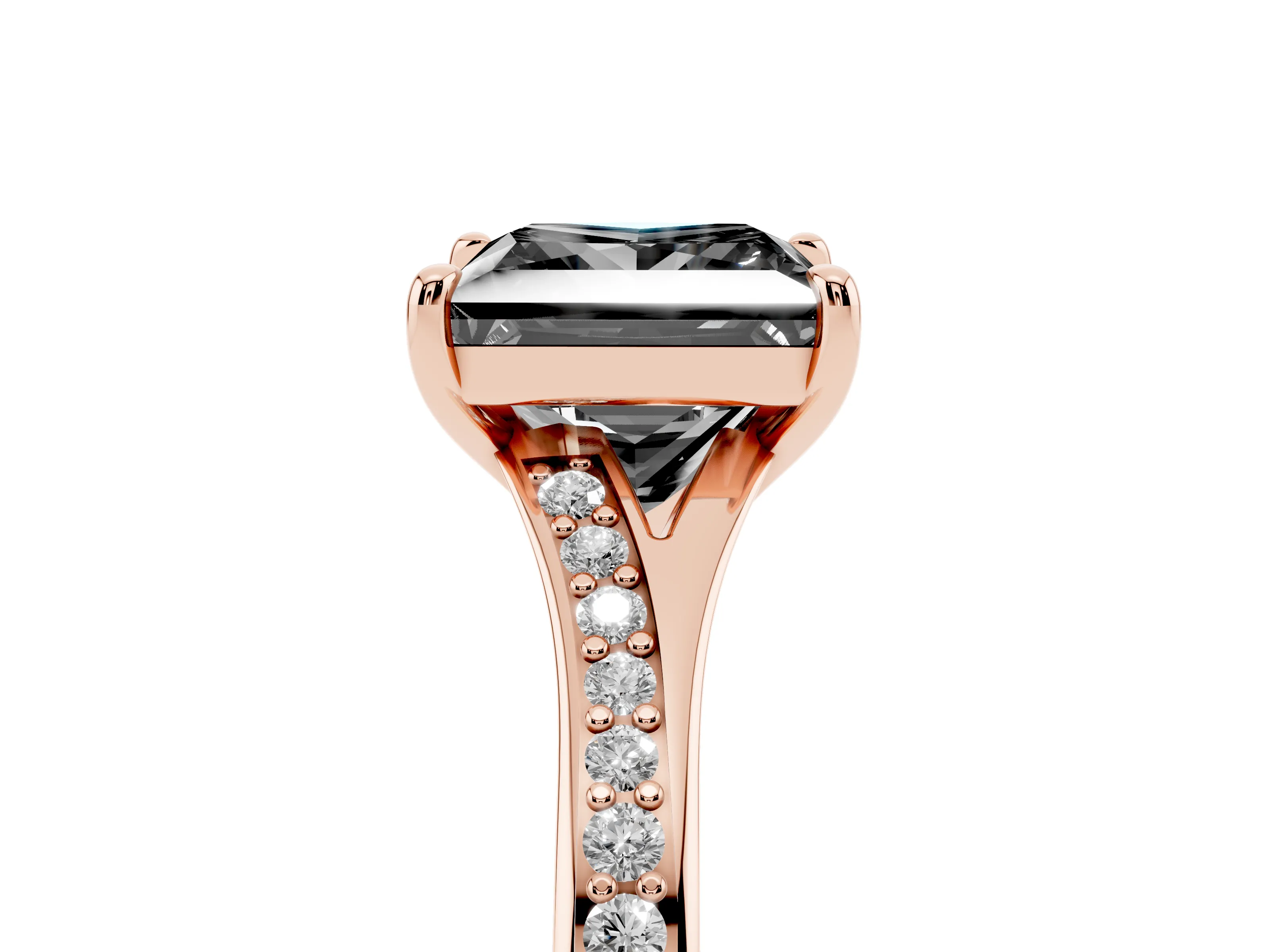 Fancy Black Princess Cut Diamond Solitaire Ring Set in Rose gold with Pavé Accent Band and Classic Prong Setting