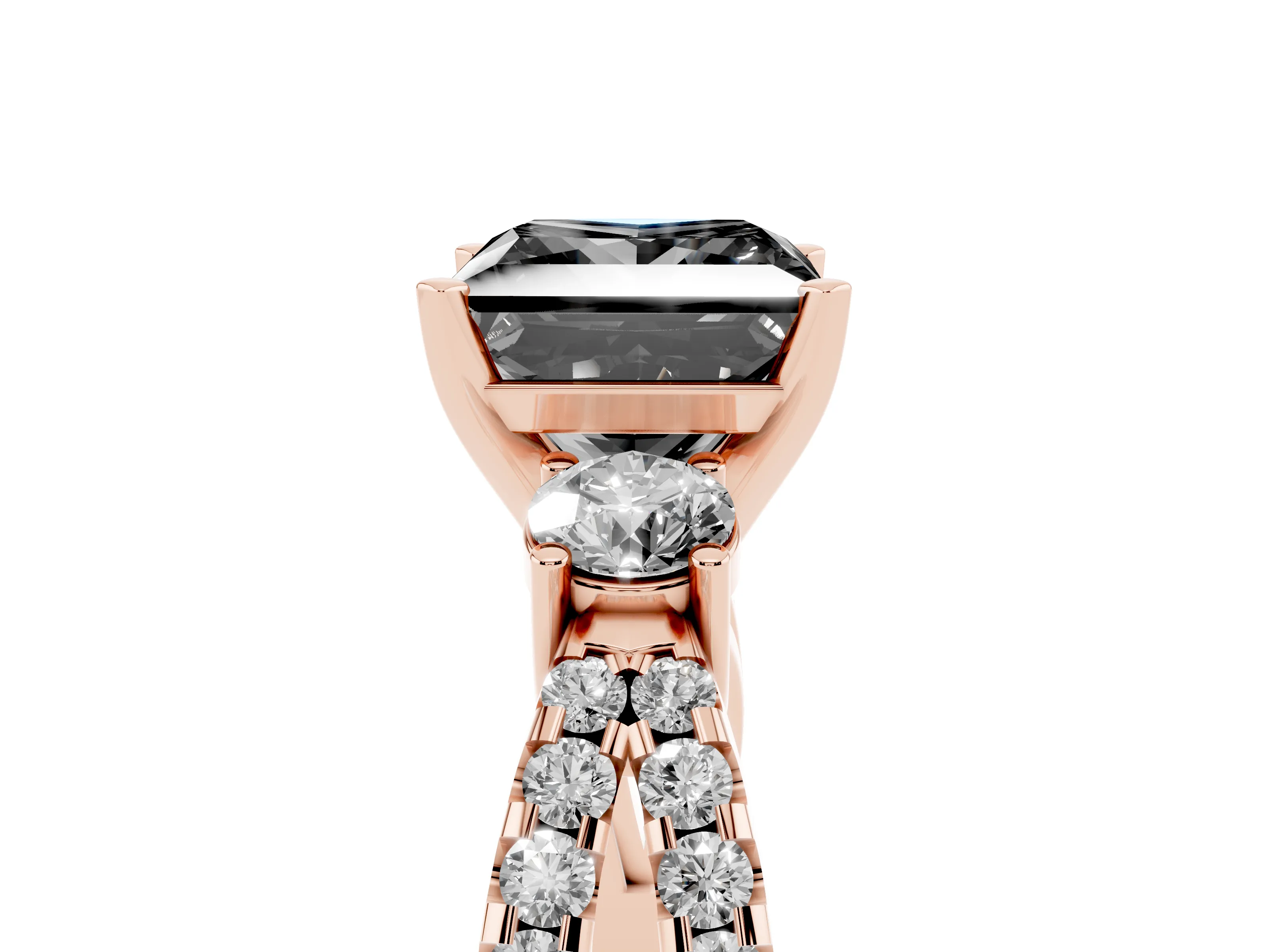Fancy Black Princess Cut Diamond Three-Stone Ring Set in Rose gold with Pavé Split Shank and Prong Setting