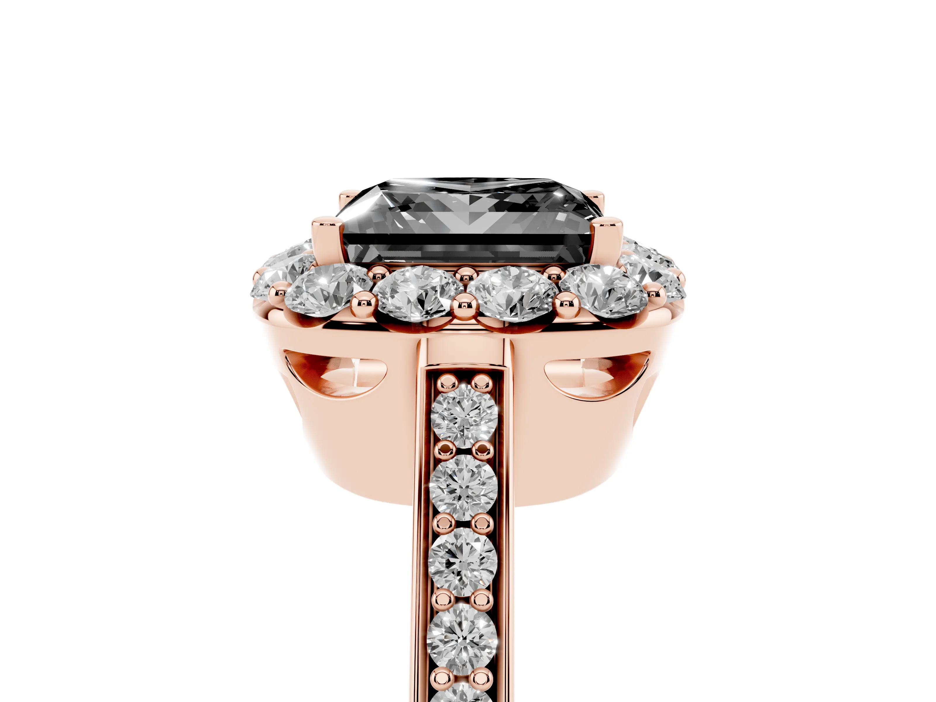 Fancy Black Princess Cut Diamond Floral Halo Ring Set in Rose gold with Pavé Band and Prong Setting