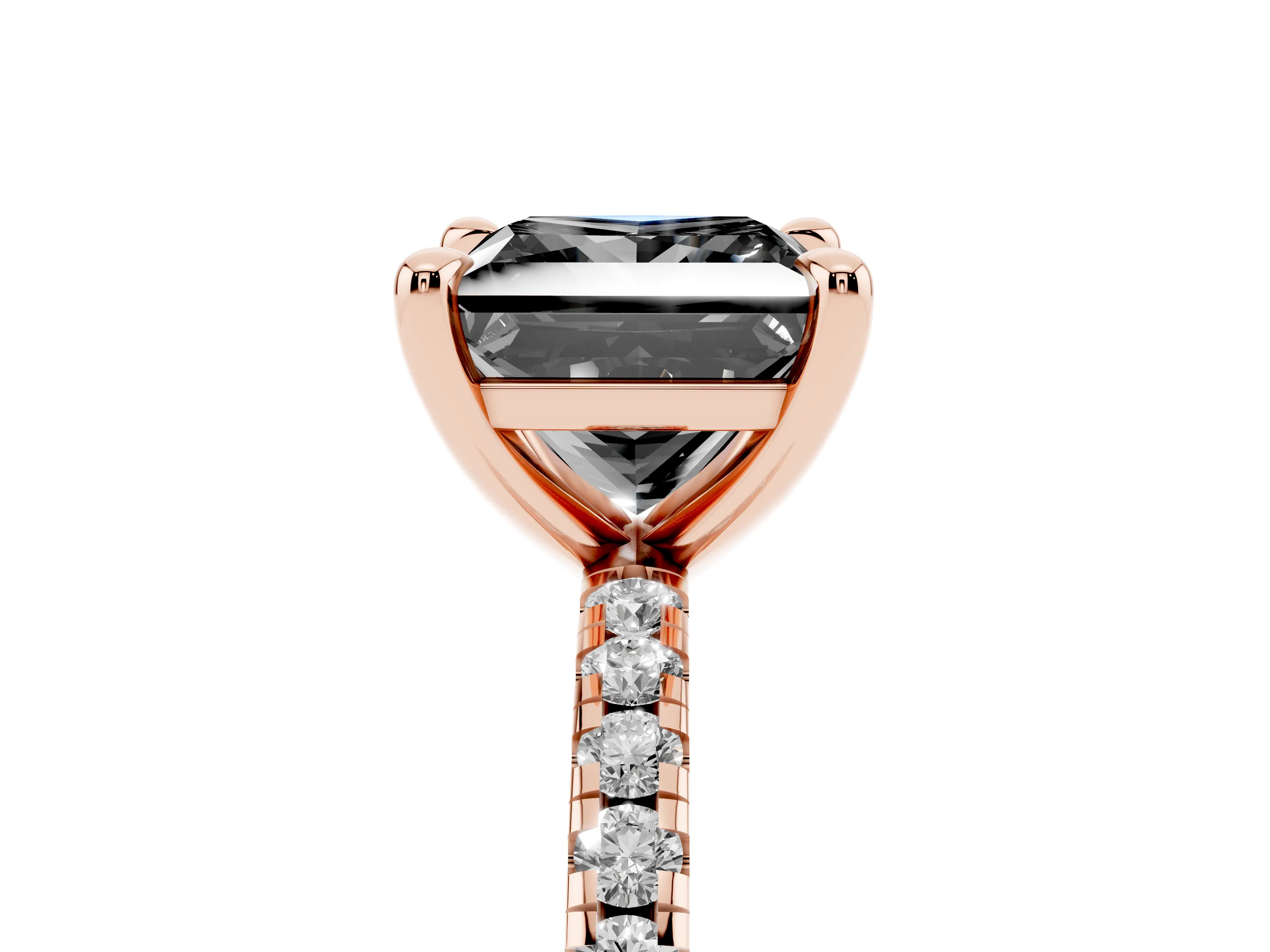 Fancy Black Princess Cut Diamond Brilliant Solitaire Ring Set in Rose gold with Pavé Band and Prong Setting