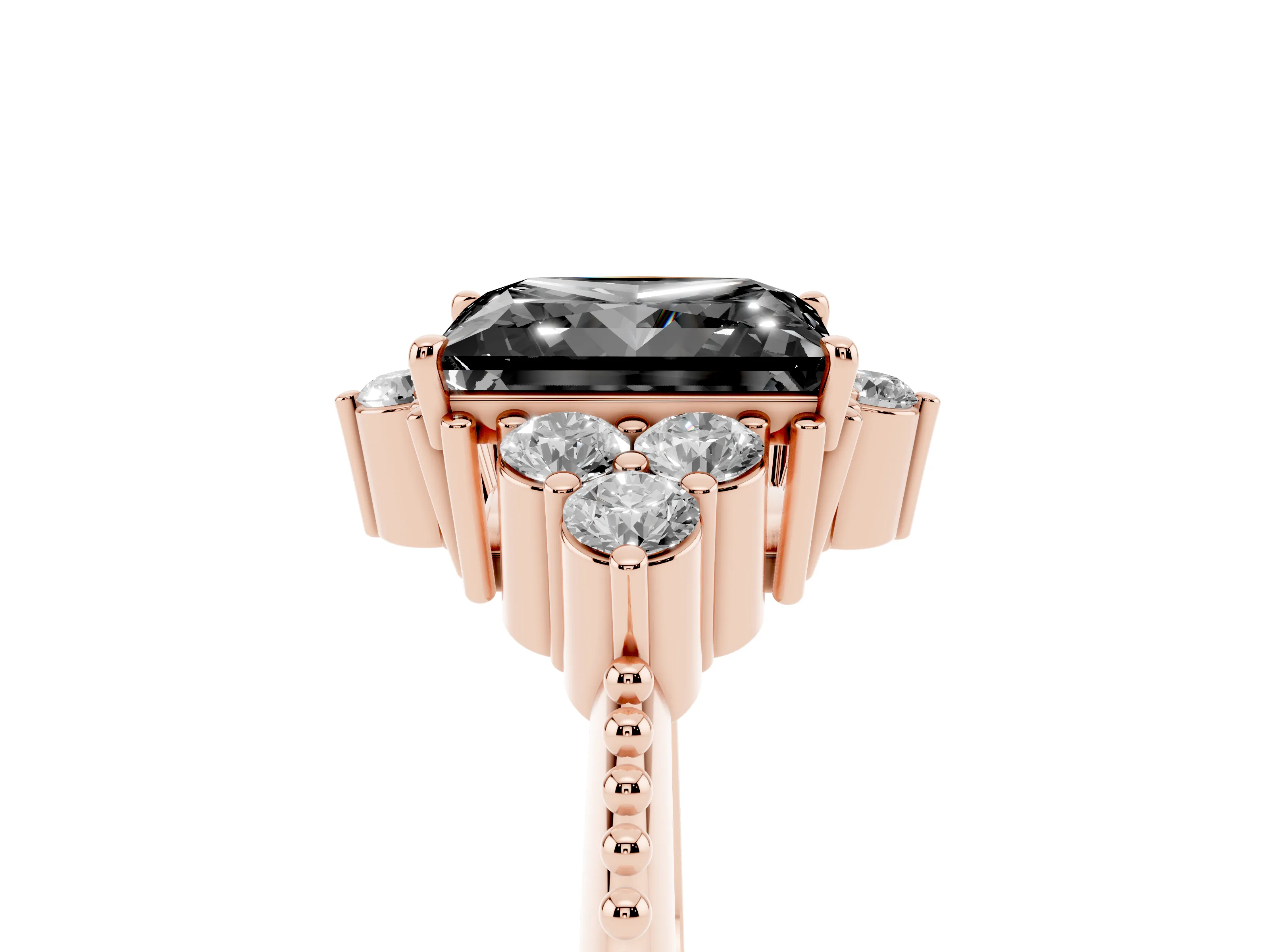 Fancy Black Princess Cut Diamond Cluster Ring Set in Rose gold with Beaded Band