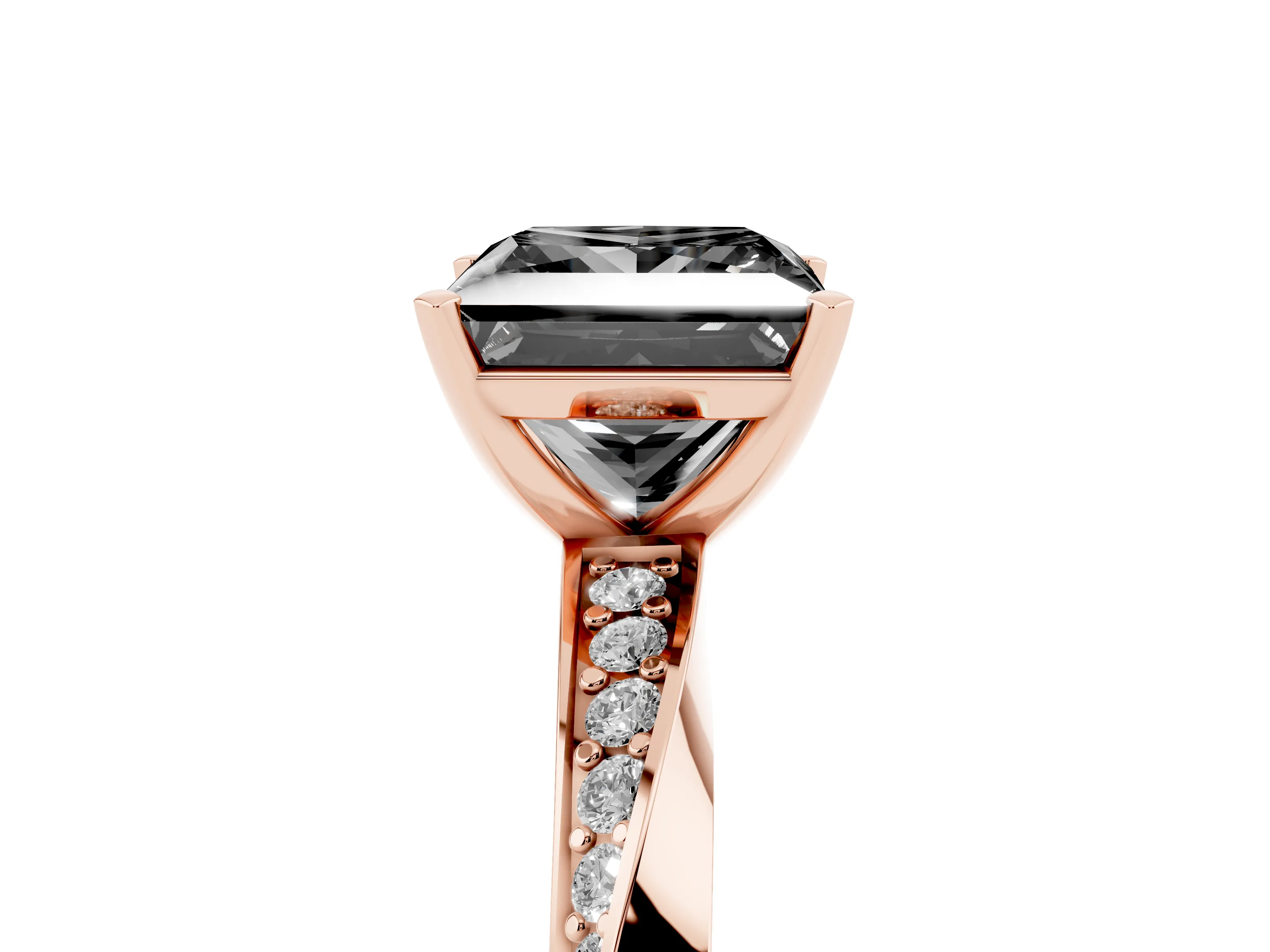 Fancy Black Princess Cut Diamond Engagement Ring Set in Rose gold with Side Stone Accents and Prong Setting