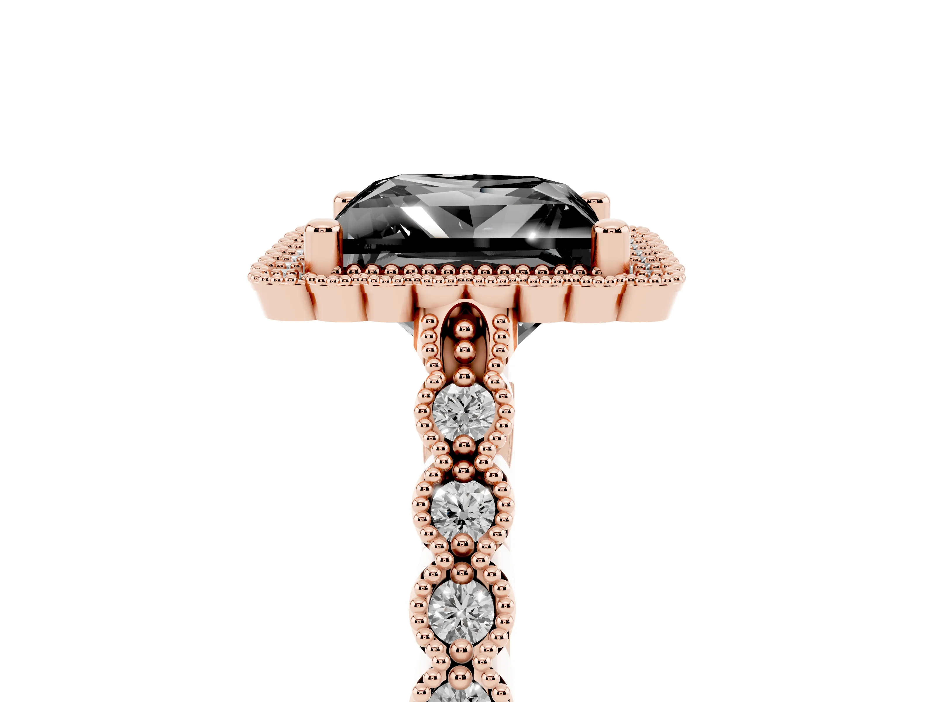 Fancy Black Princess Cut Diamond Halo Ring Set in Rose gold with Pavé Milgrain Band