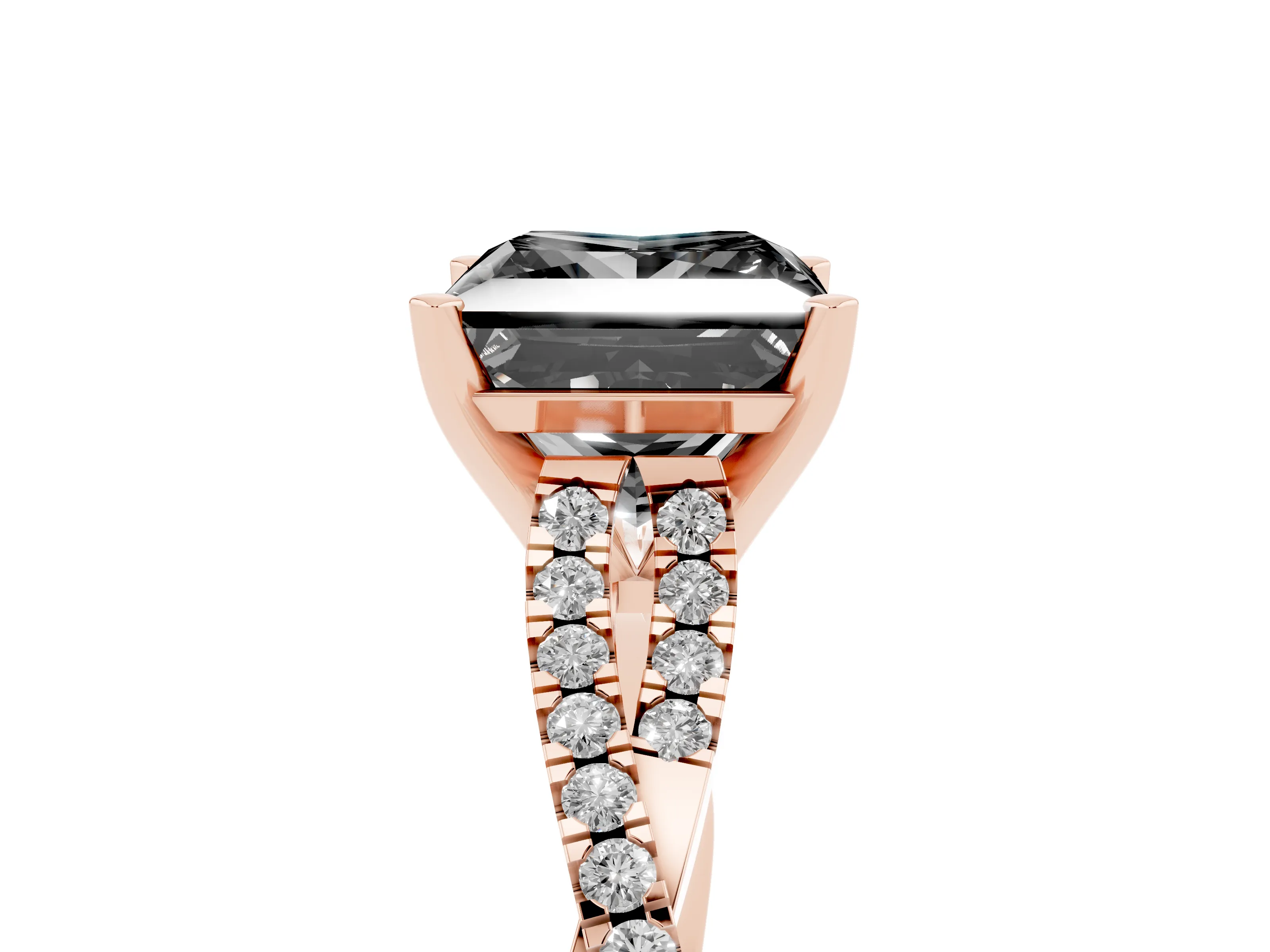 Fancy Black Princess Cut Diamond Solitaire Engagement Ring Set in Rose gold with Twisted Pavé Band and Prong Setting