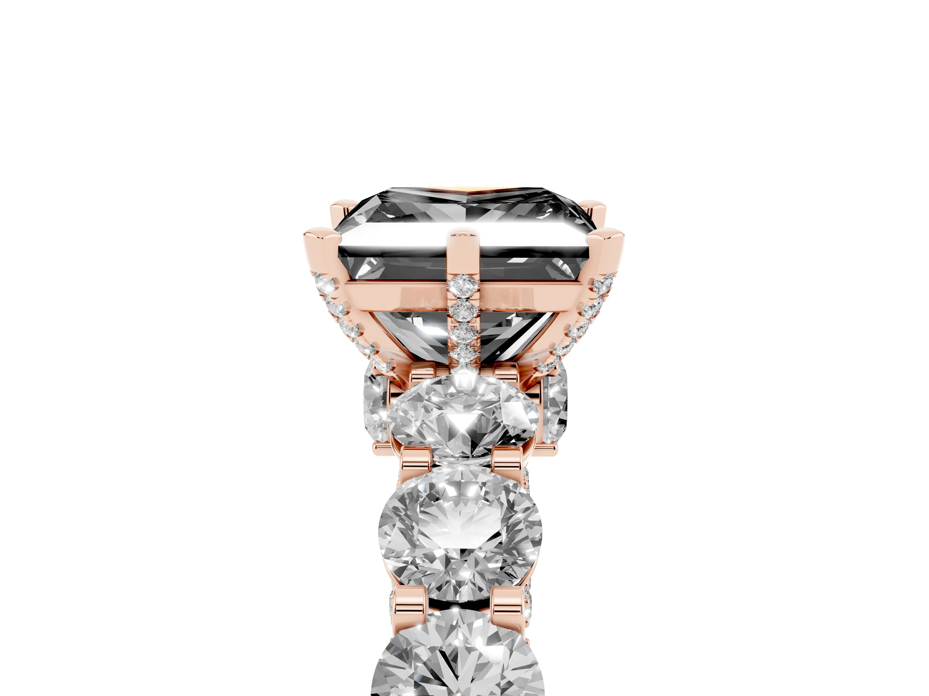 Fancy Black Princess Cut Diamond Side Stone Ring Set in Rose gold with Alternating Round and Oval Side Stones