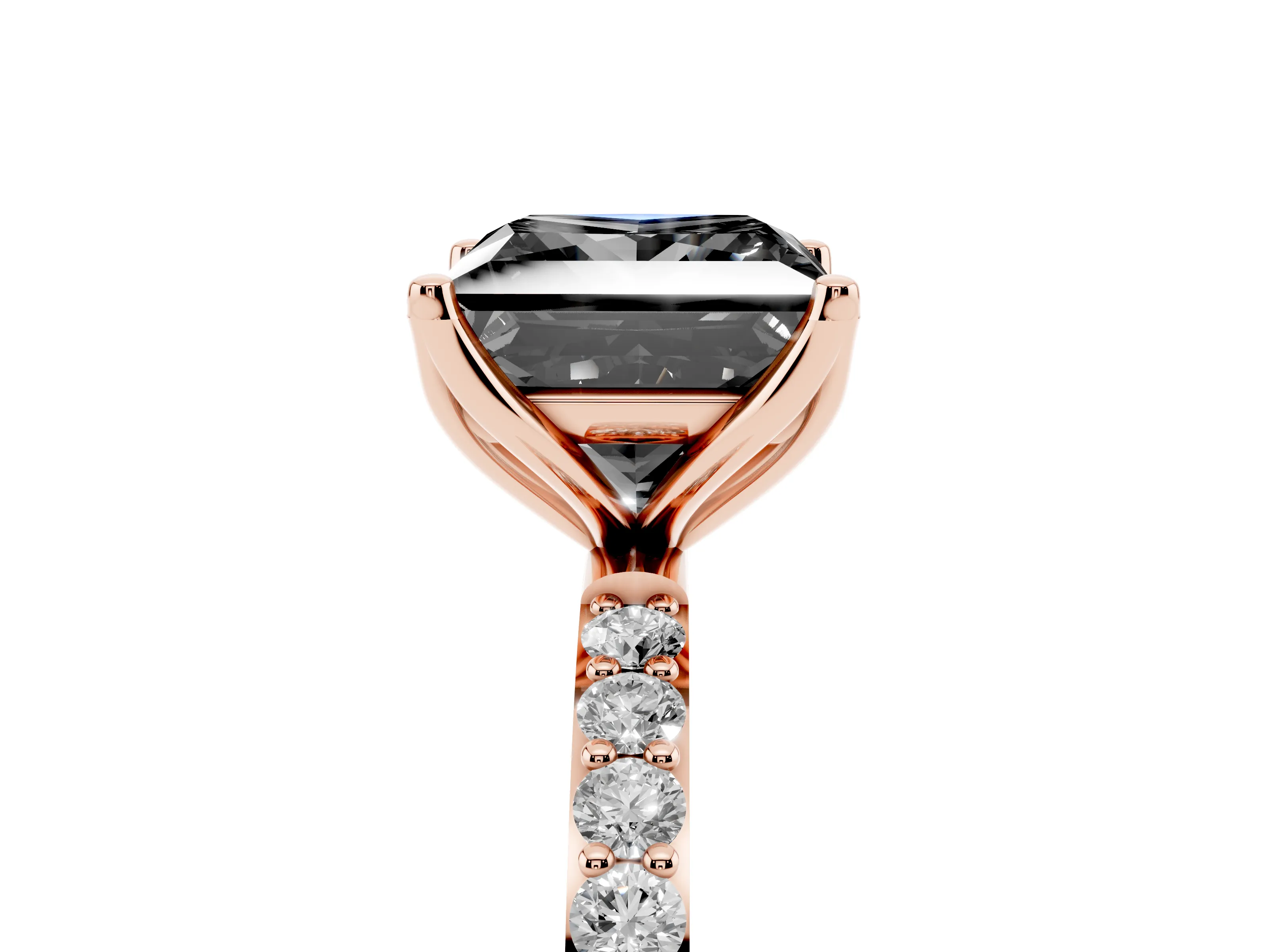 Fancy Black Princess Cut Diamond Solitaire Engagement Ring Set in Rose gold with Round Pavé Band and Prong Setting