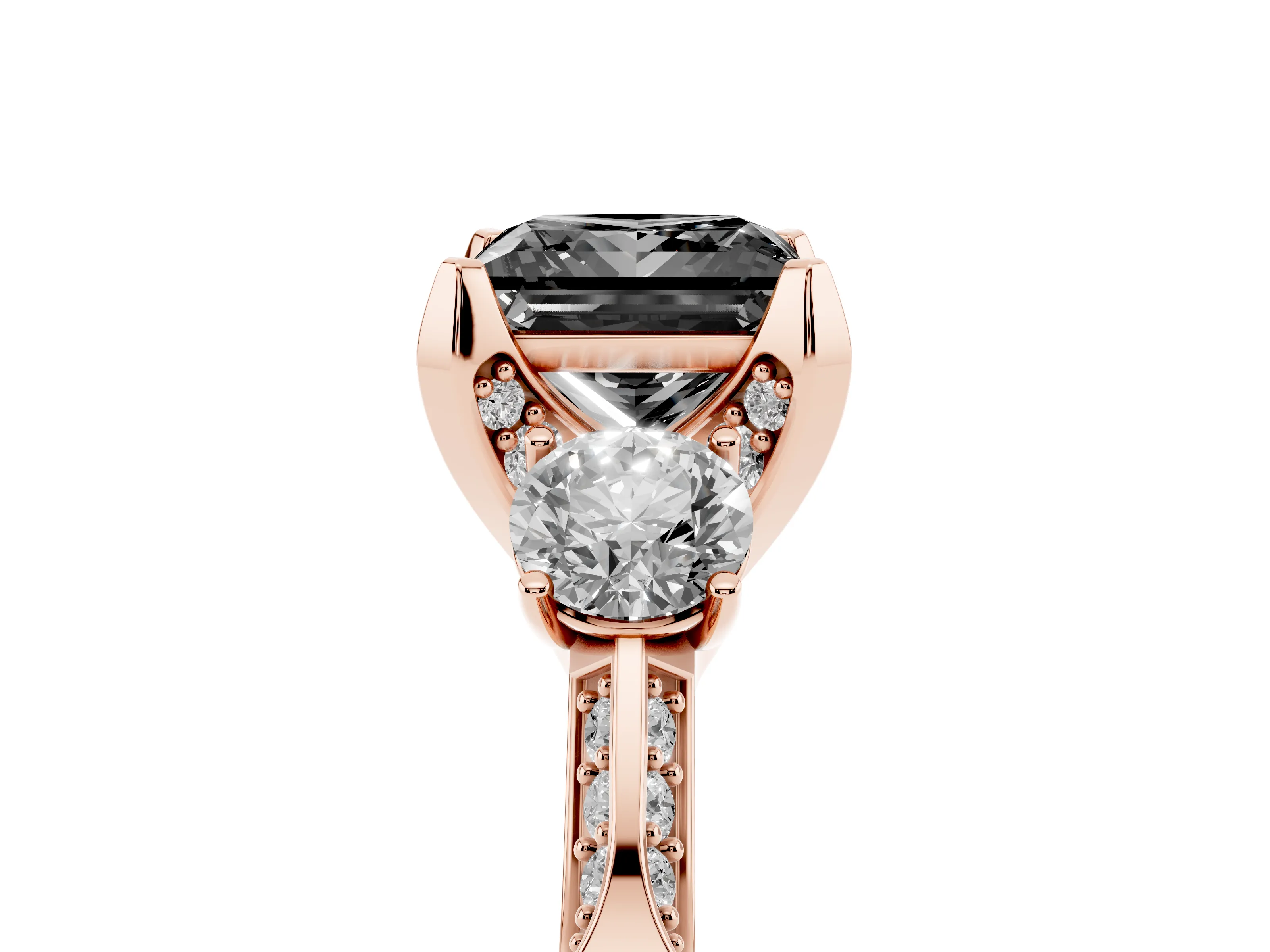 Fancy Black Princess Cut Diamond Three-Stone Ring Set in Rose gold with Pavé Band and Smaller Side Stones