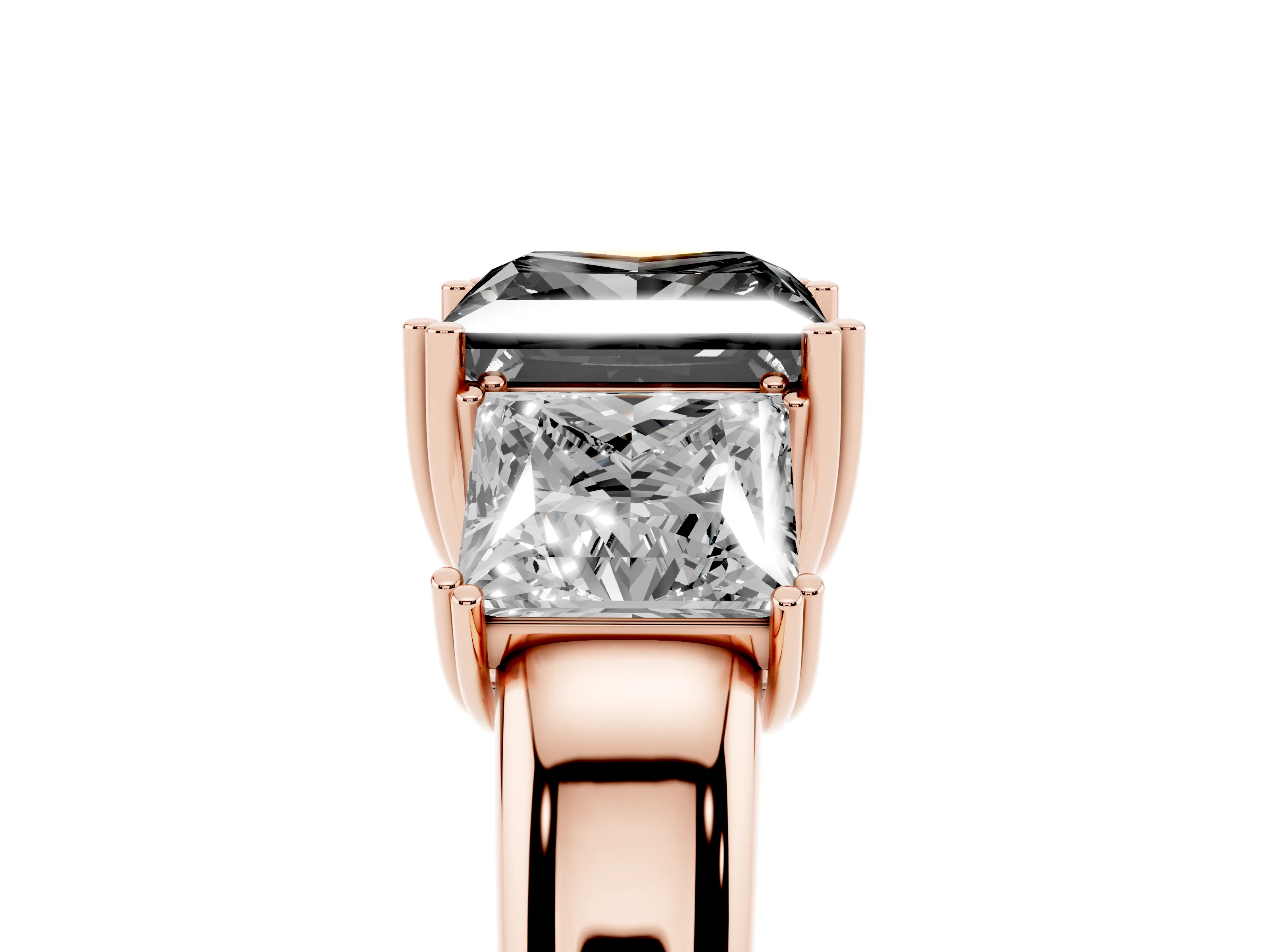 Fancy Black Princess Cut Diamond Three-Stone Ring Set in Rose gold with Polished Channel-Set Band
