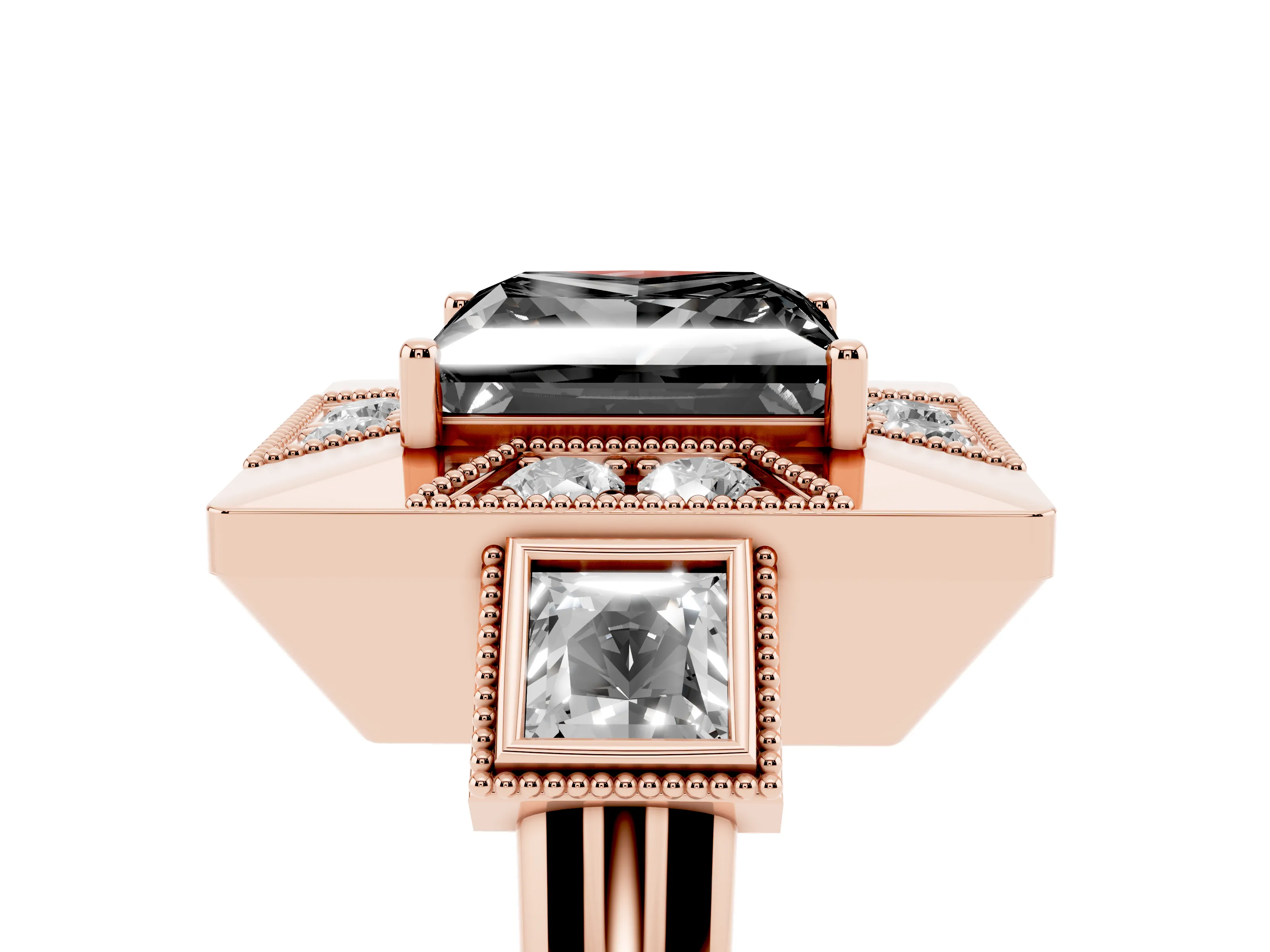 Fancy Black Princess Cut Diamond Milgrain Halo Ring Set in Rose gold with Split Shank