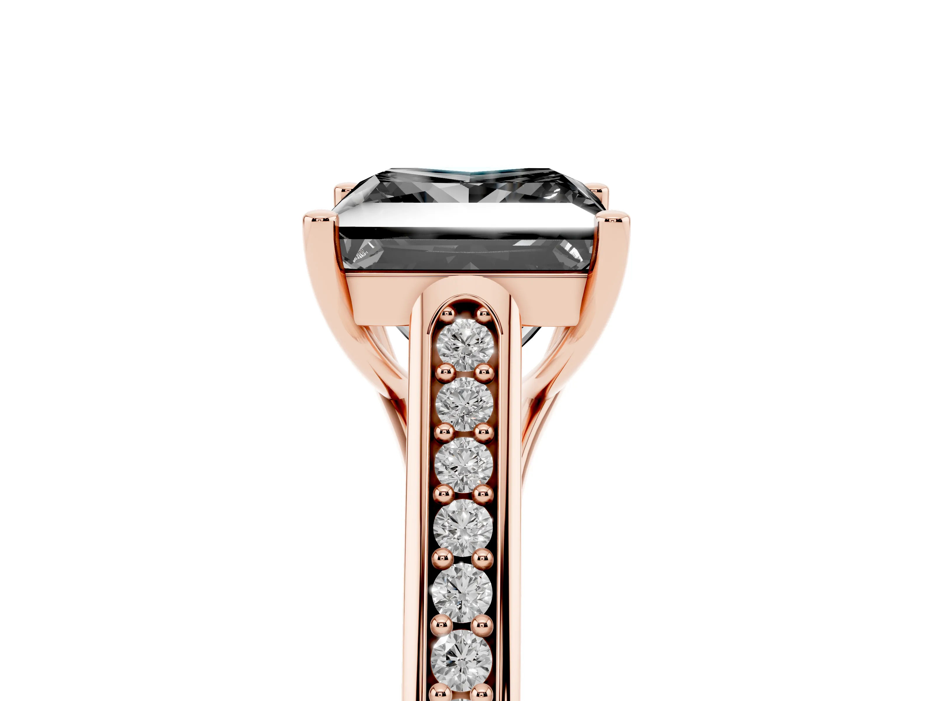 Fancy Black Princess Cut Diamond Solitaire Cathedral Engagement Ring Set in Rose gold with Channel-Set Band and Prong Setting