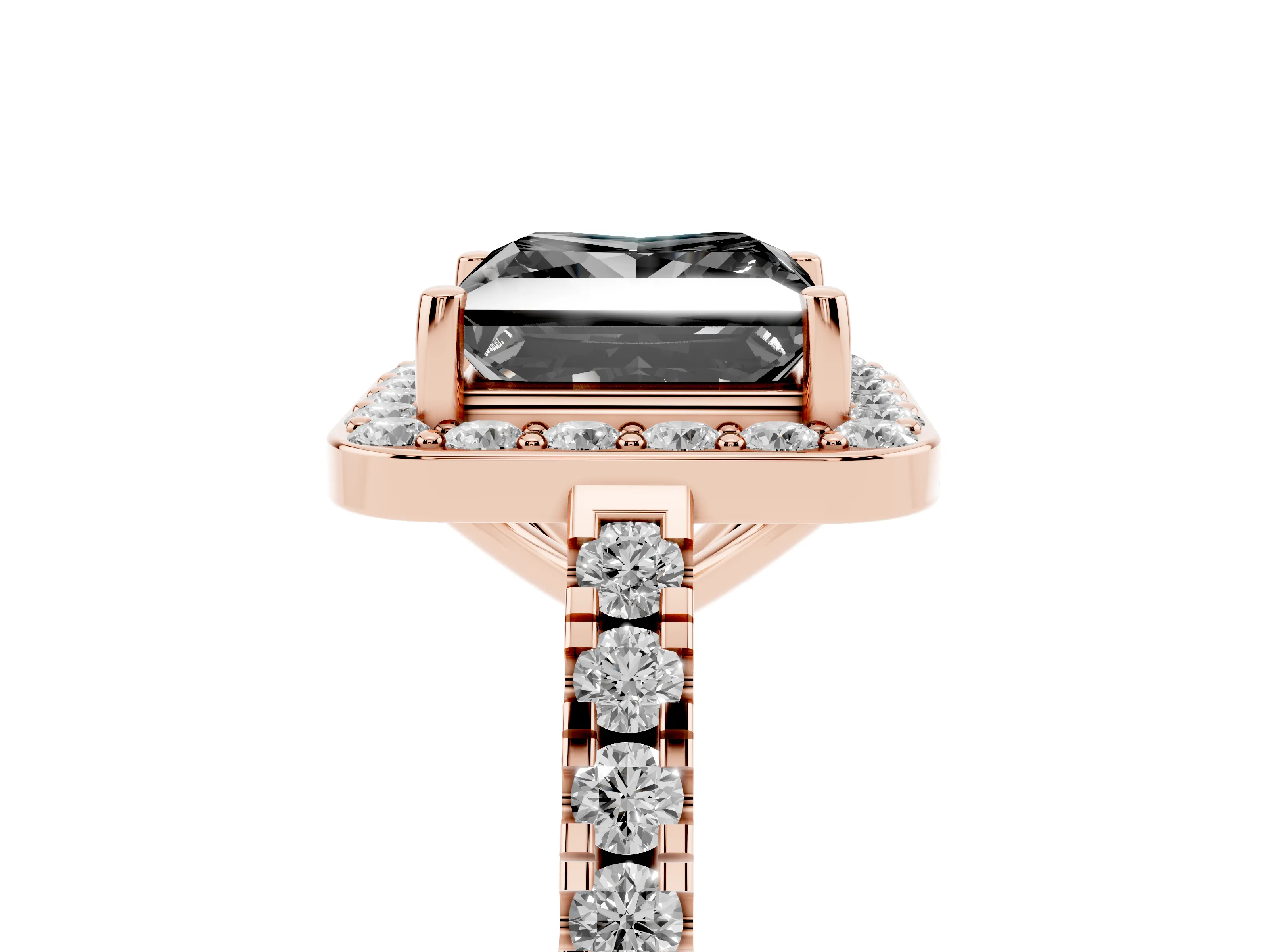 Fancy Black Princess Cut Diamond Halo Ring Set in Rose gold with Round Pavé Split Shank and Prong Setting