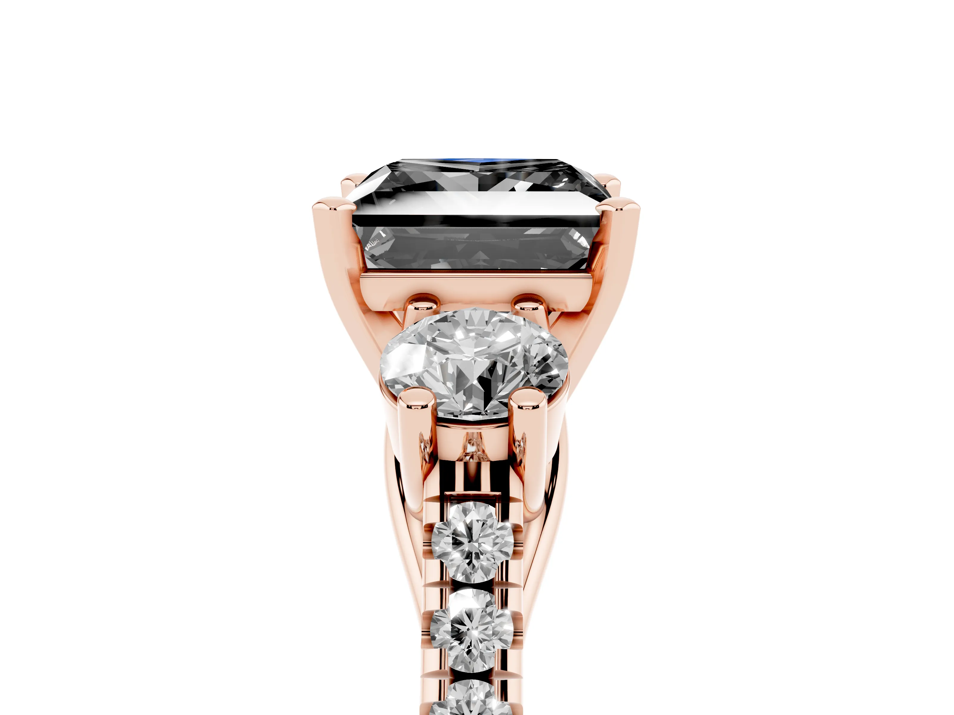 Fancy Black Three-Stone Princess Cut Diamond Pavé Band Ring Set in Rose gold with Prong-Set Trio