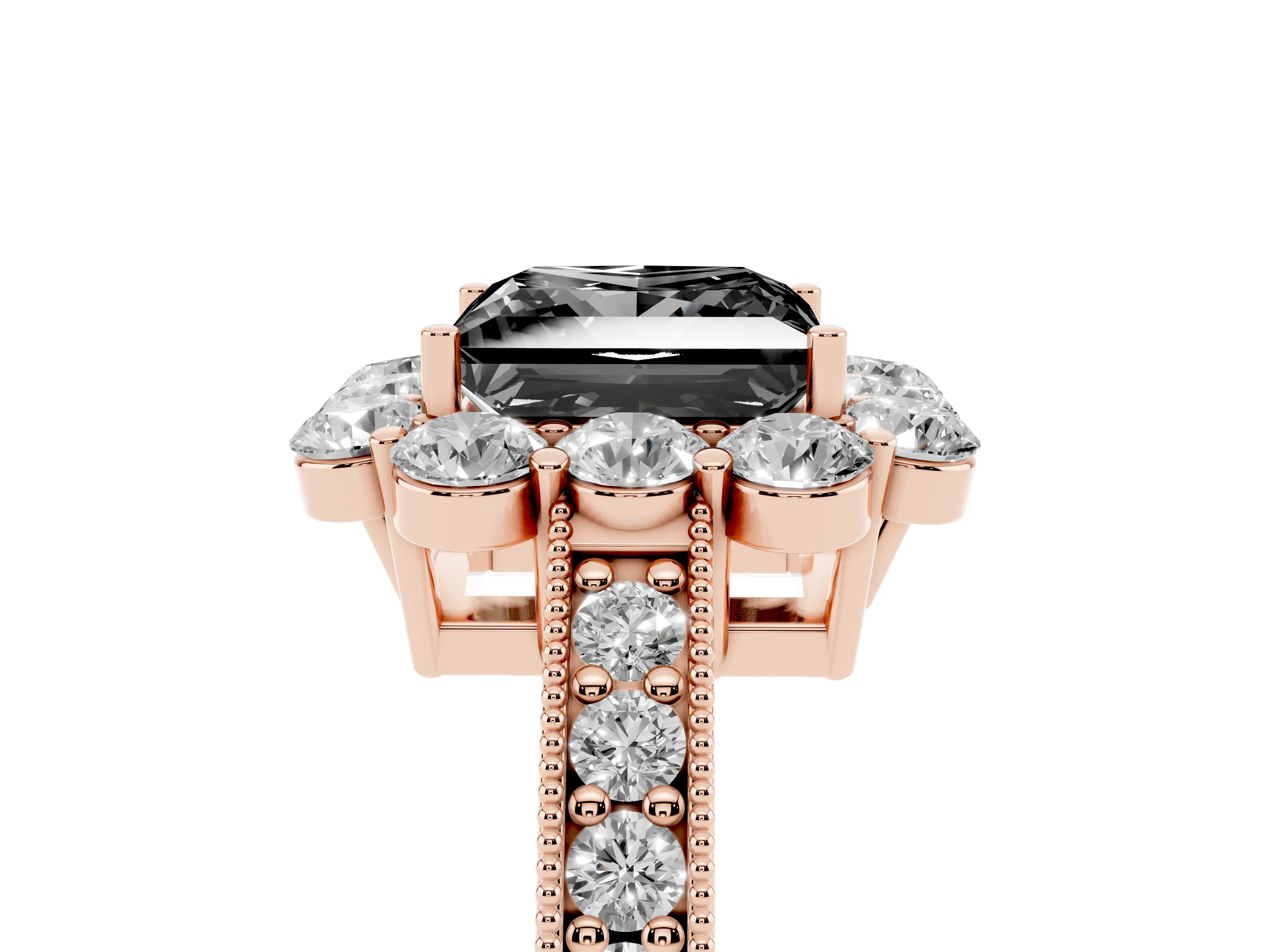 Fancy Black Princess Cut Diamond Halo Pavé Engagement Ring Set in Rose gold with Milgrain Detailing