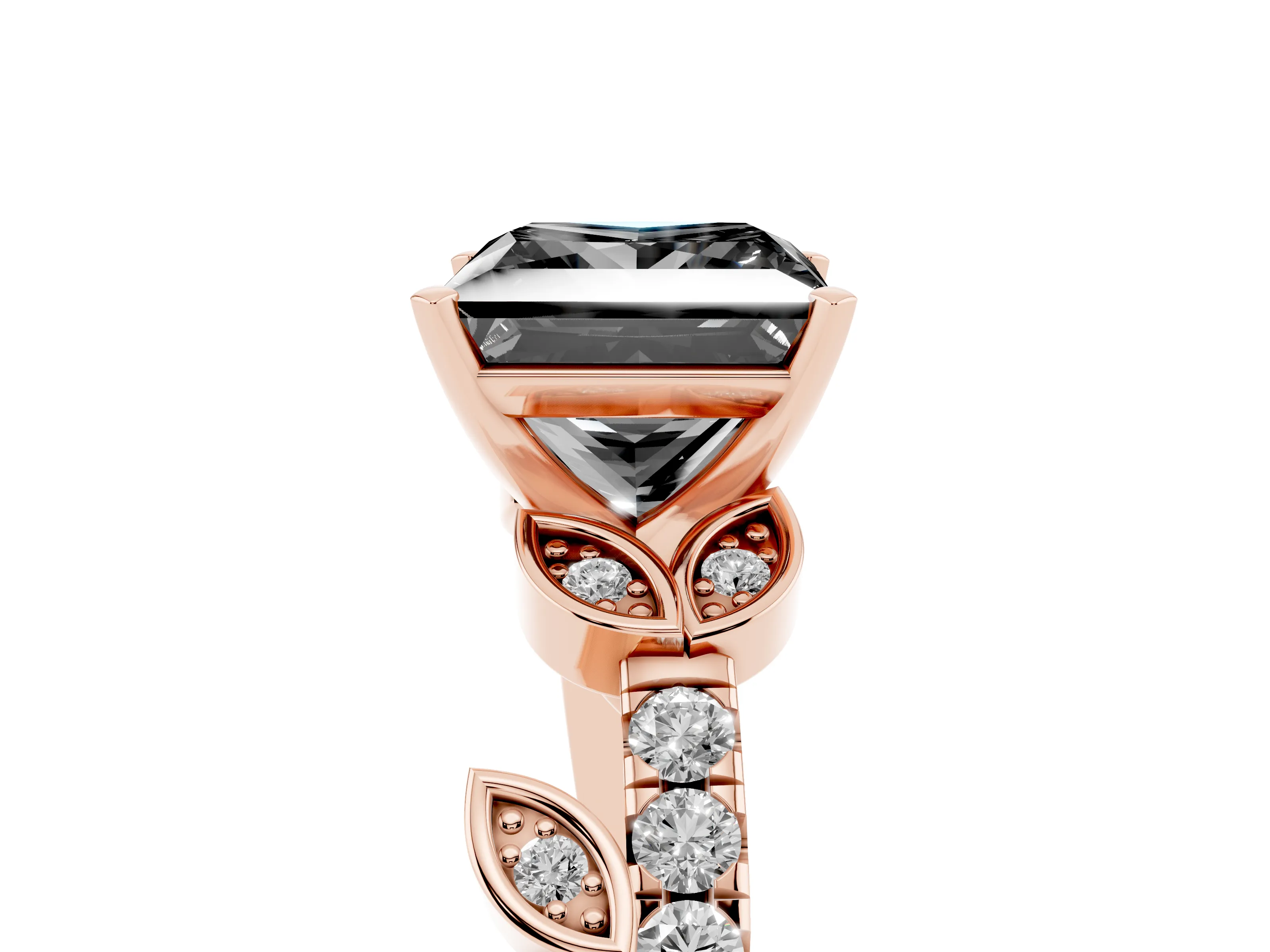 Fancy Black Princess Cut Diamond Solitaire Leaf-Inspired Ring Set in Rose gold with Pavé Band and Prong Setting