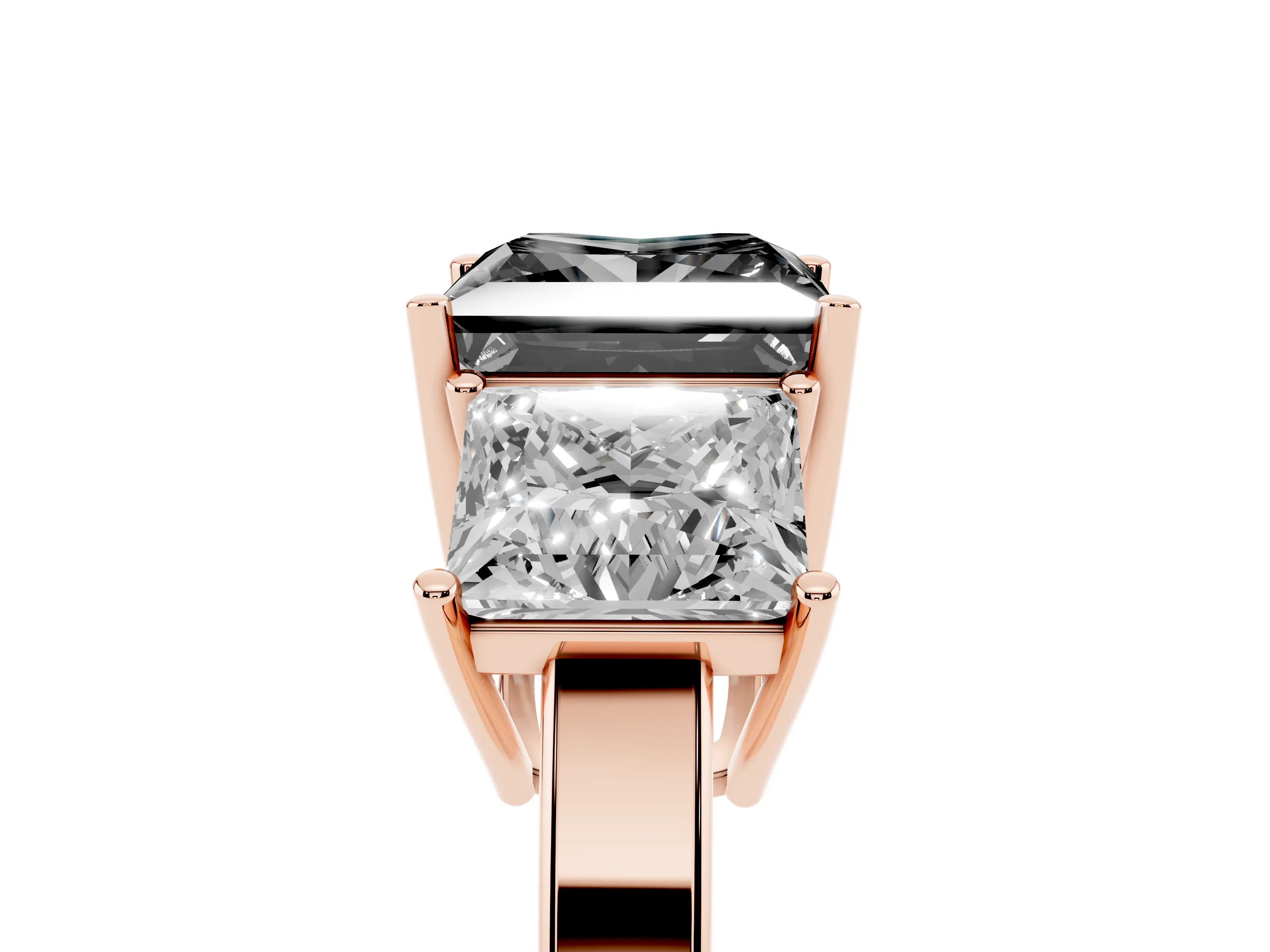 Fancy Black Princess Cut Diamond Three-Stone Engagement Ring Set in Rose gold with Flat Band