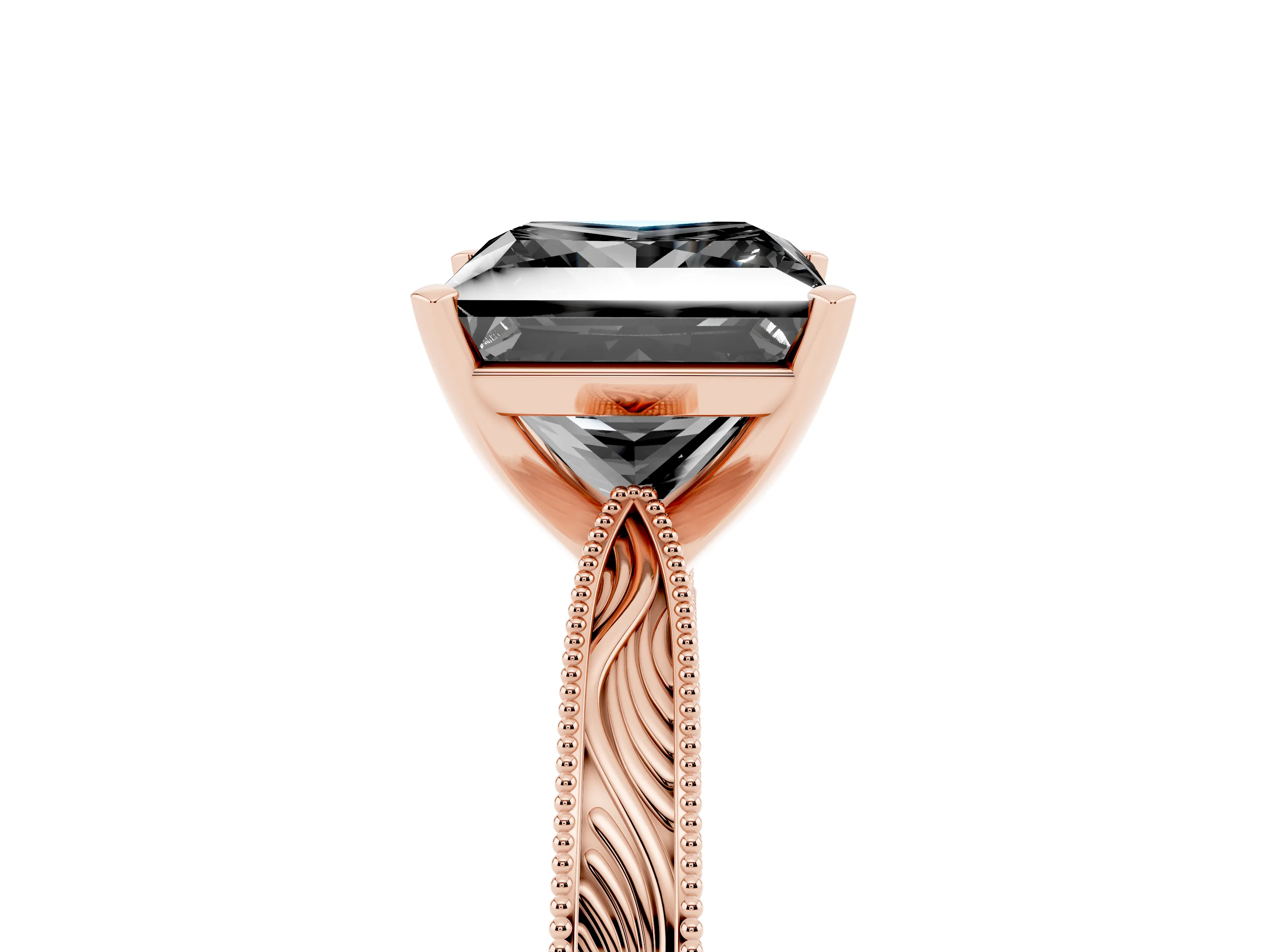 Fancy Black Princess Cut Diamond Solitaire Milgrain Engraved Band Set in Rose gold with Prong Setting