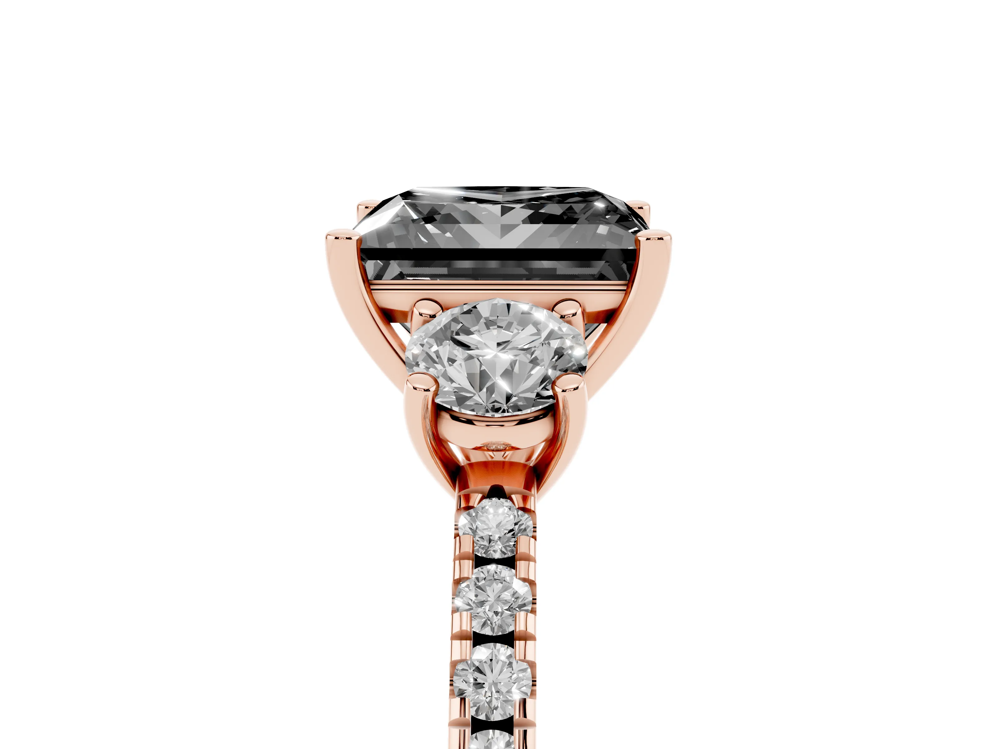 Fancy Black Princess Cut Diamond Three-Stone Ring Set in Rose gold with Pavé Band and Graduated Sides