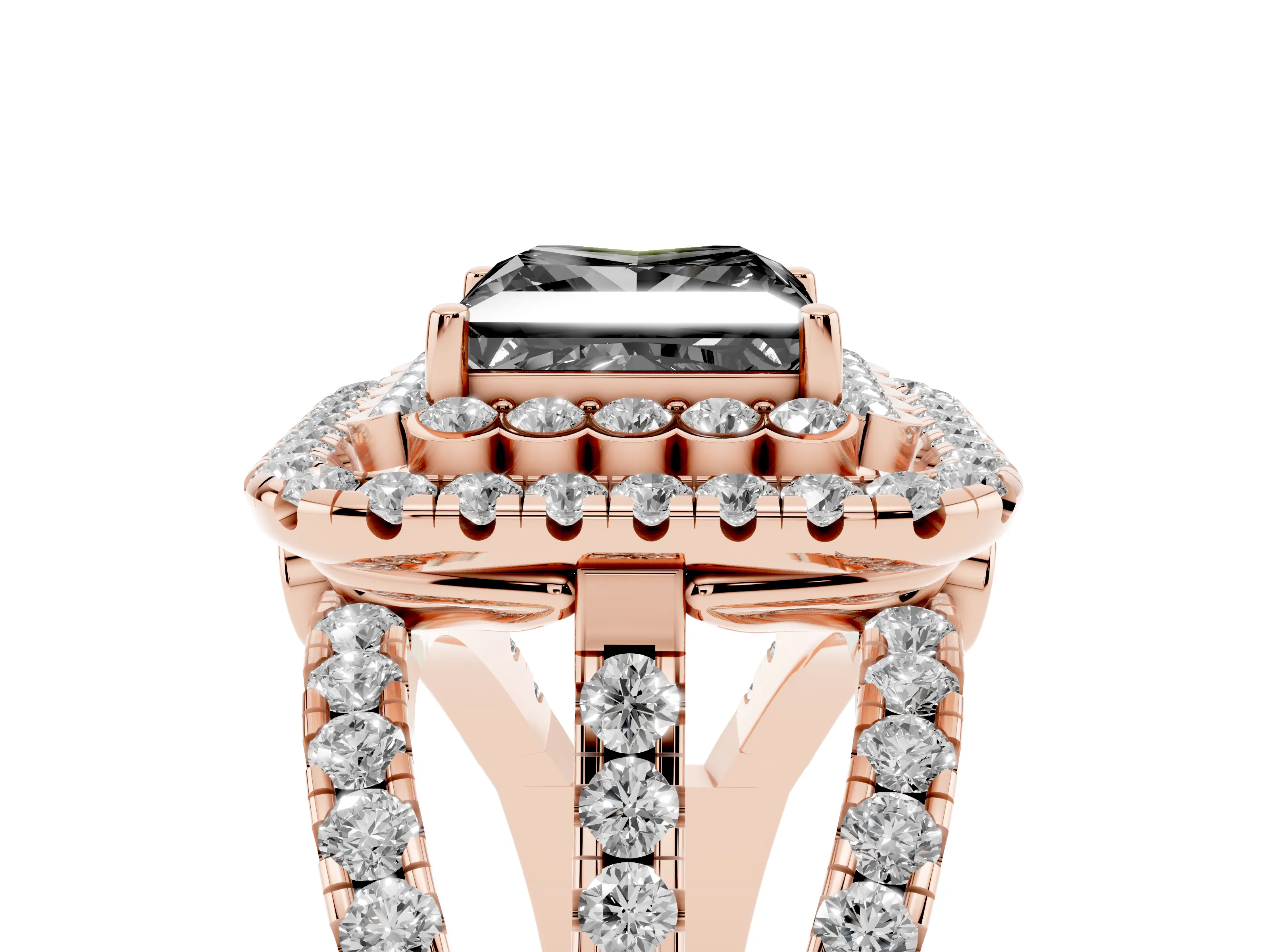 Fancy Black Princess Cut Diamond Double Halo Ring Set in Rose gold with Round Pavé Split Shank