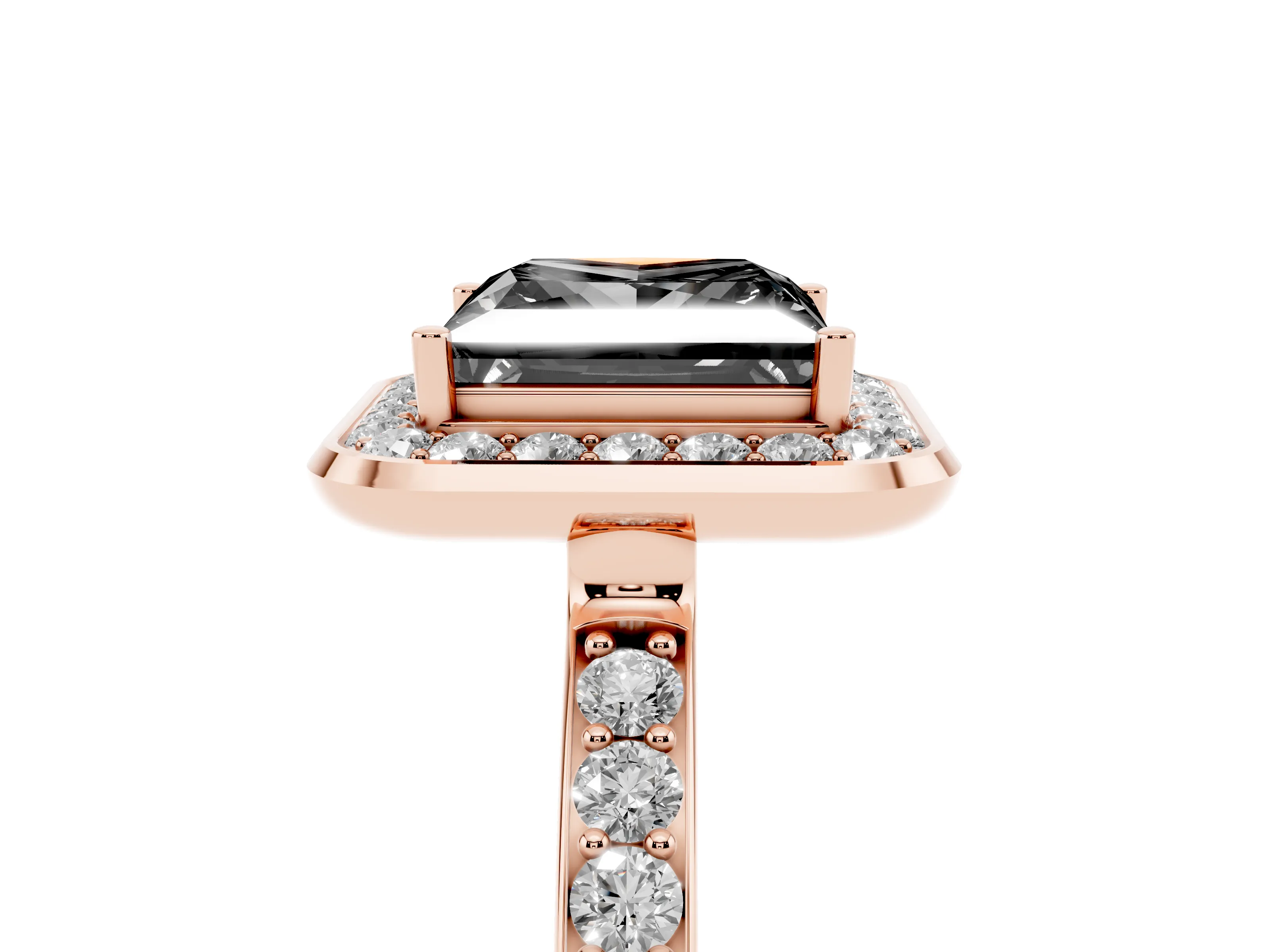 Fancy Black Princess Cut Diamond Halo Ring Set in Rose gold with Bezel Frame and Pavé Band