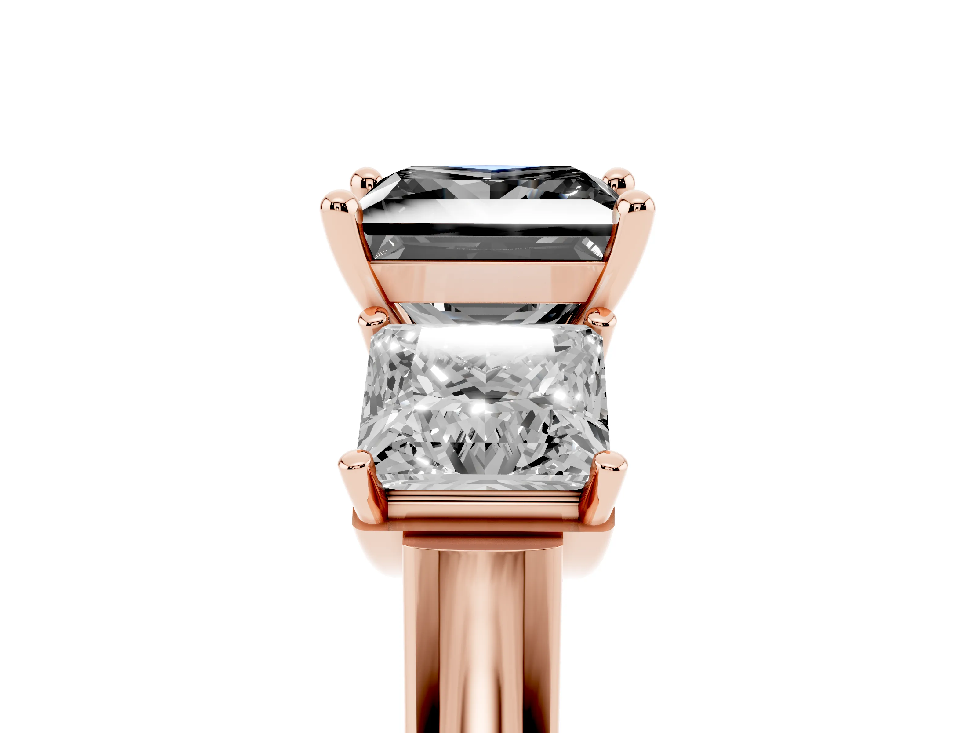 Fancy Black Princess Cut Diamond Three-Stone Trellis Ring Set in Rose gold with Comfort Fit Band