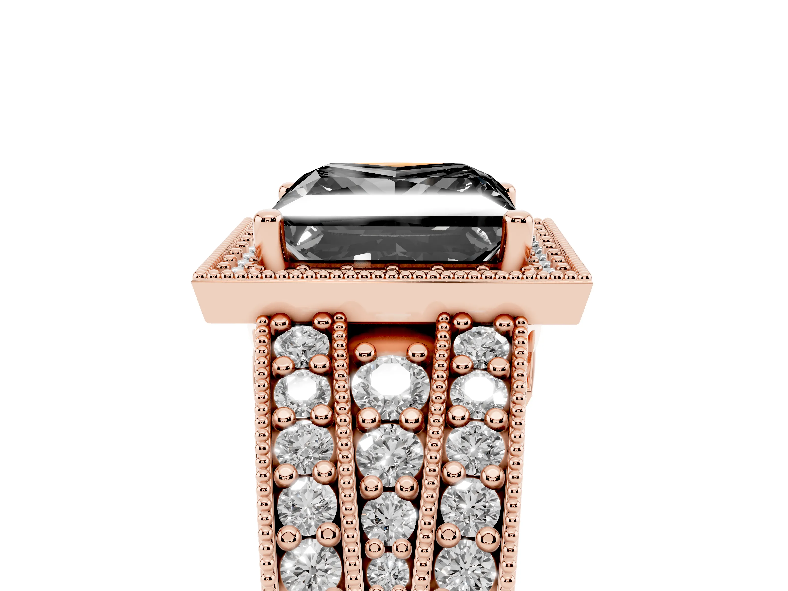 Fancy Black Princess Cut Diamond Halo Ring Set in Rose gold with Accent Split Shank and Prong Setting