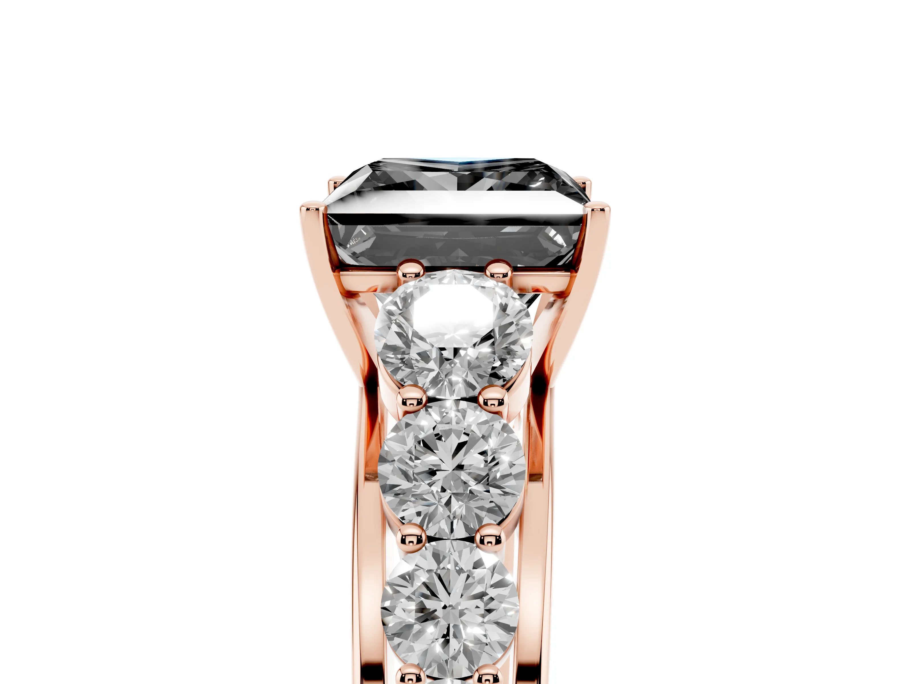 Fancy Black Princess Cut Diamond Solitaire Ring Set in Rose gold with Pavé-Set Band and Prong Setting