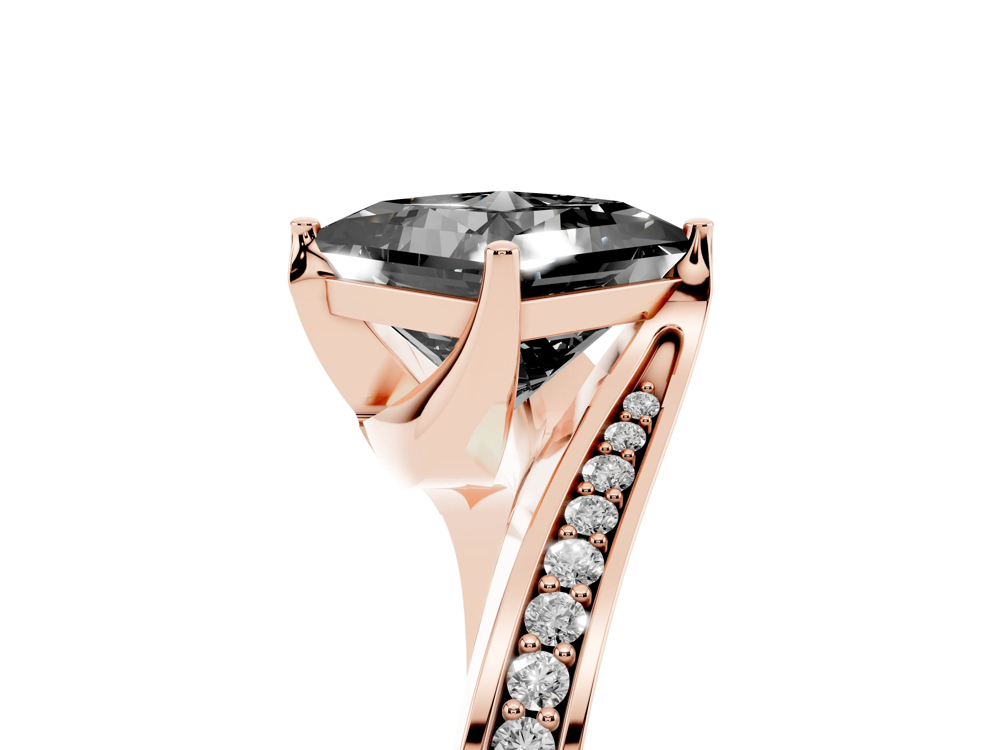 Fancy Black Princess Cut Diamond Solitaire Ring Set in Rose gold with Intertwined Pavé Twist Band