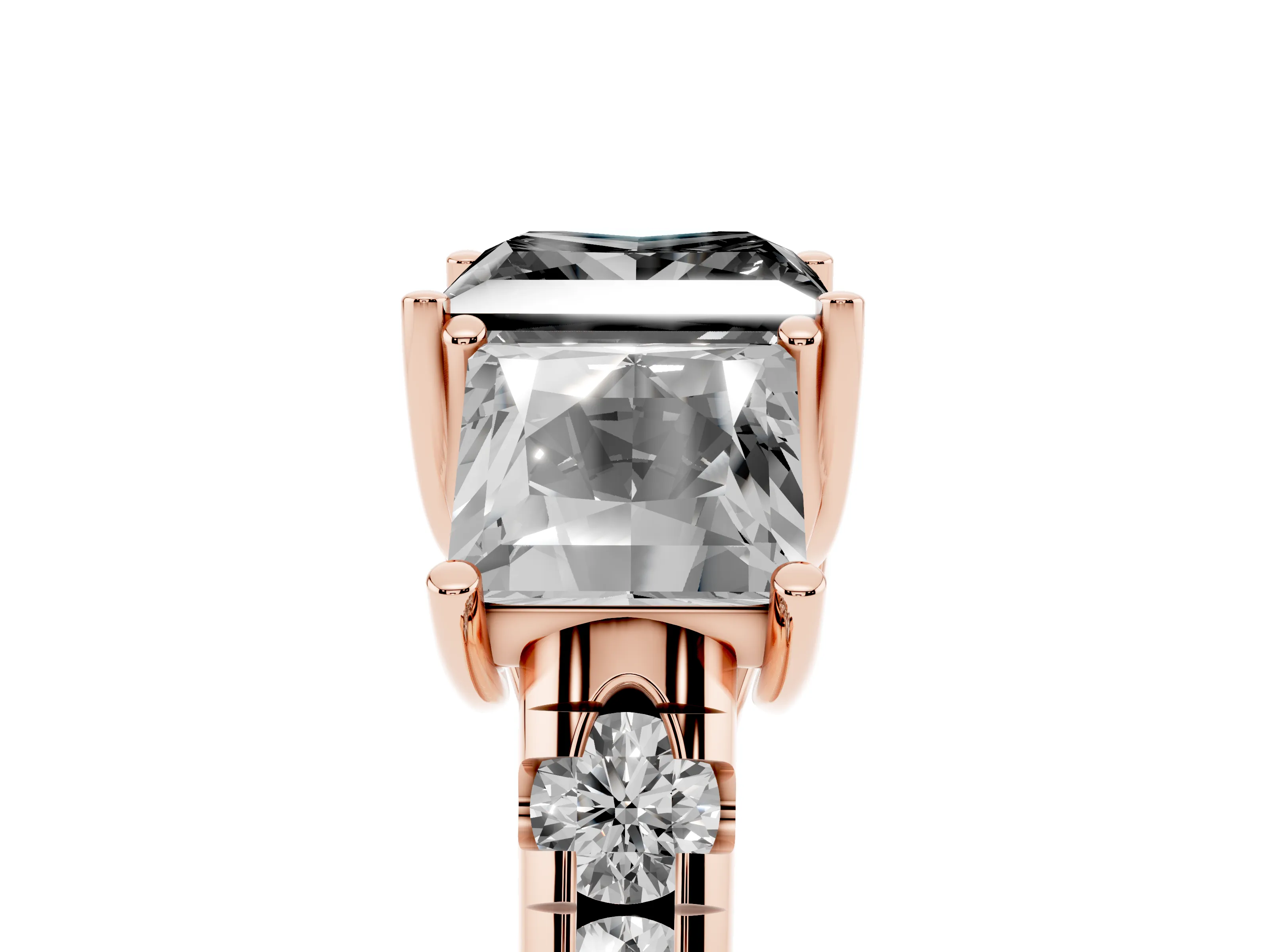 Fancy Black Princess Cut Diamond Three-Stone Ring Set in Rose gold with Pavé Band