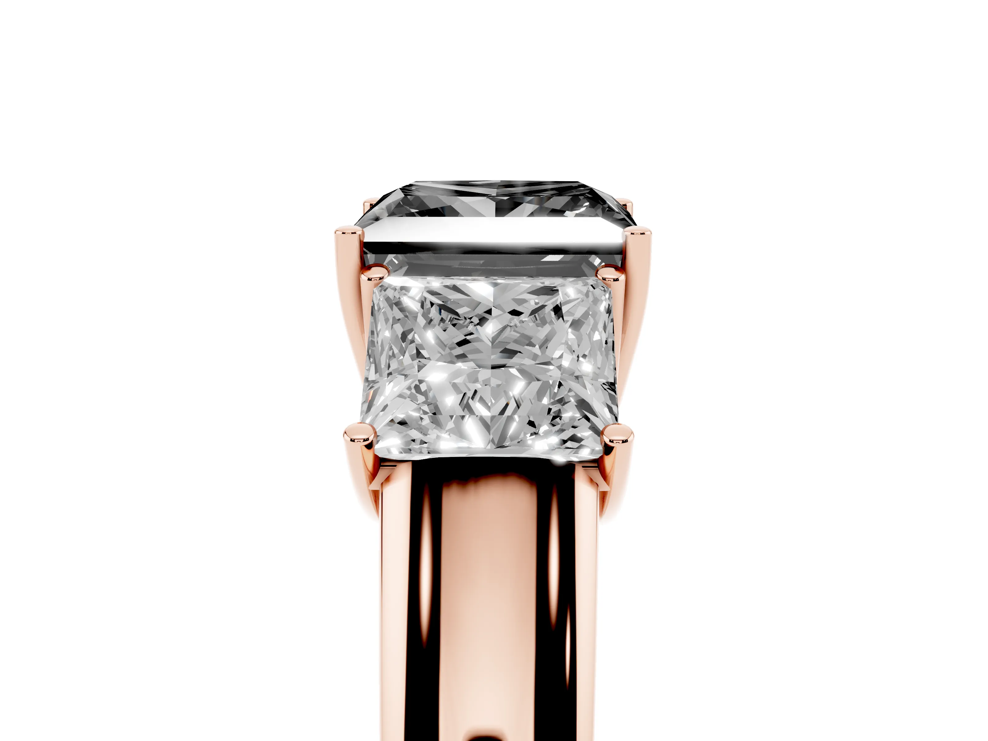 Fancy Black Three-Stone Princess Cut Diamond Ring Set in Rose gold with Matching Prong Settings and Plain Band
