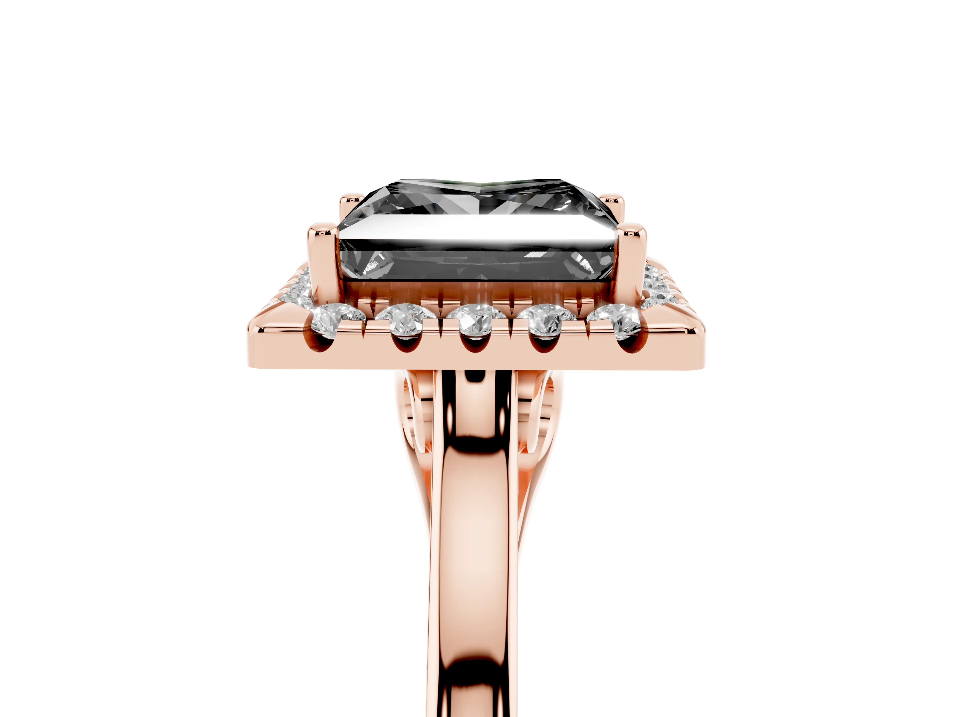 Fancy Black Princess Cut Halo Round Diamond Solitaire Ring Set in Rose gold with Pavé Band and Prong Setting
