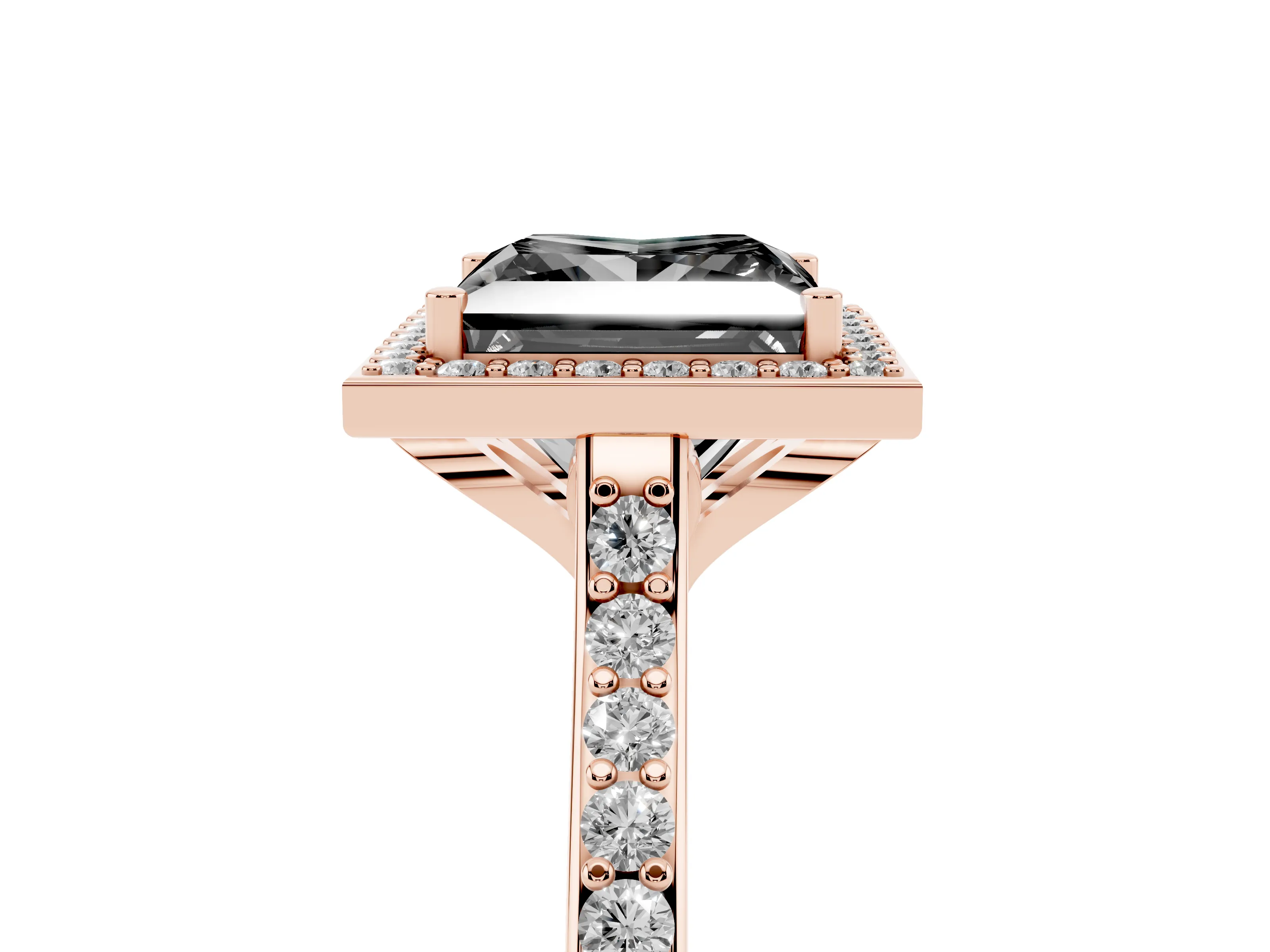 Fancy Black Princess Cut Diamond Halo Engagement Ring Set in Rose gold with Round Pavé Shoulders and Heart Gallery