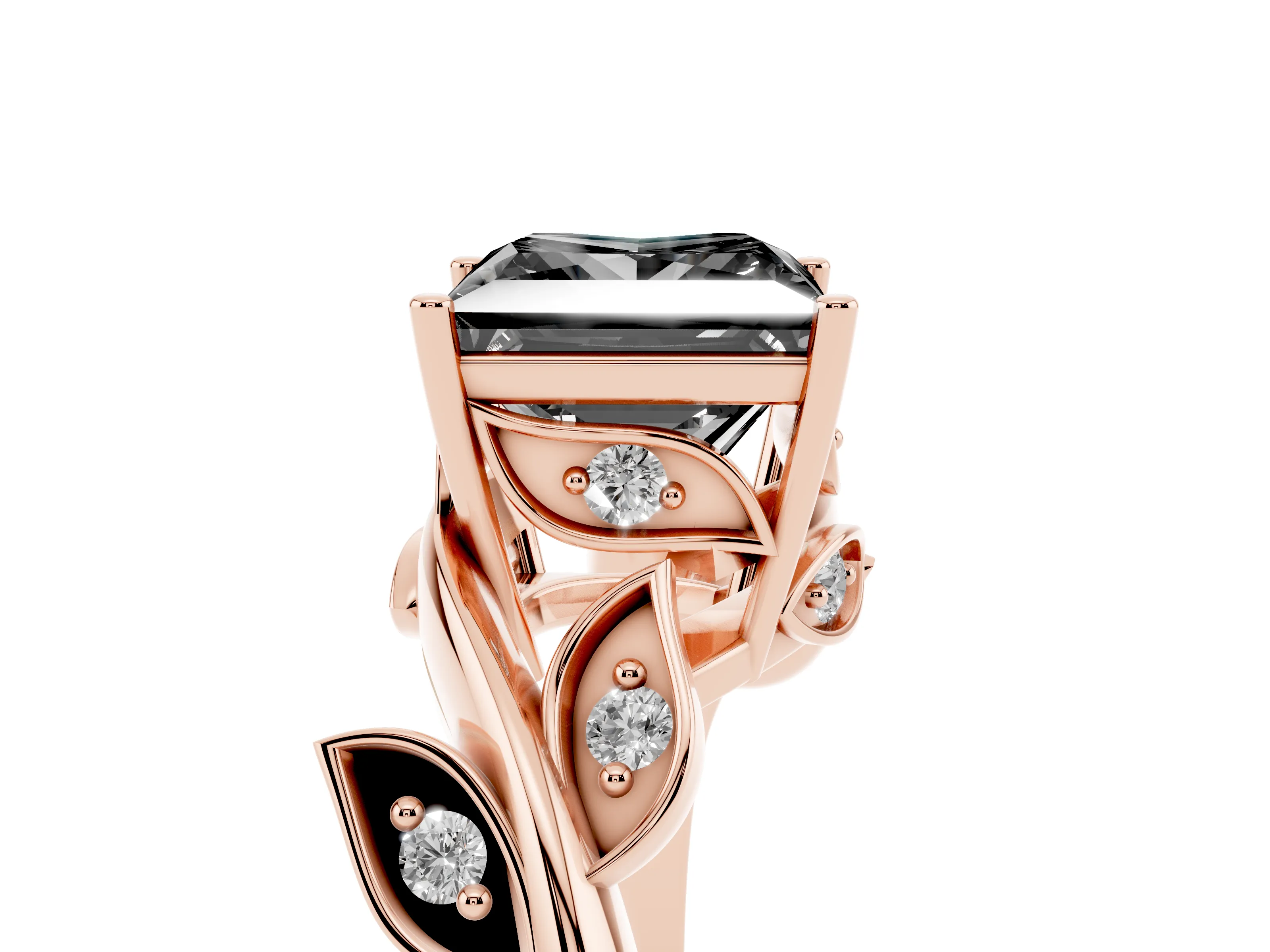 Fancy Black Princess Cut Diamond Solitaire Twist Engagement Ring Set in Rose gold with Pavé Leaf Accents