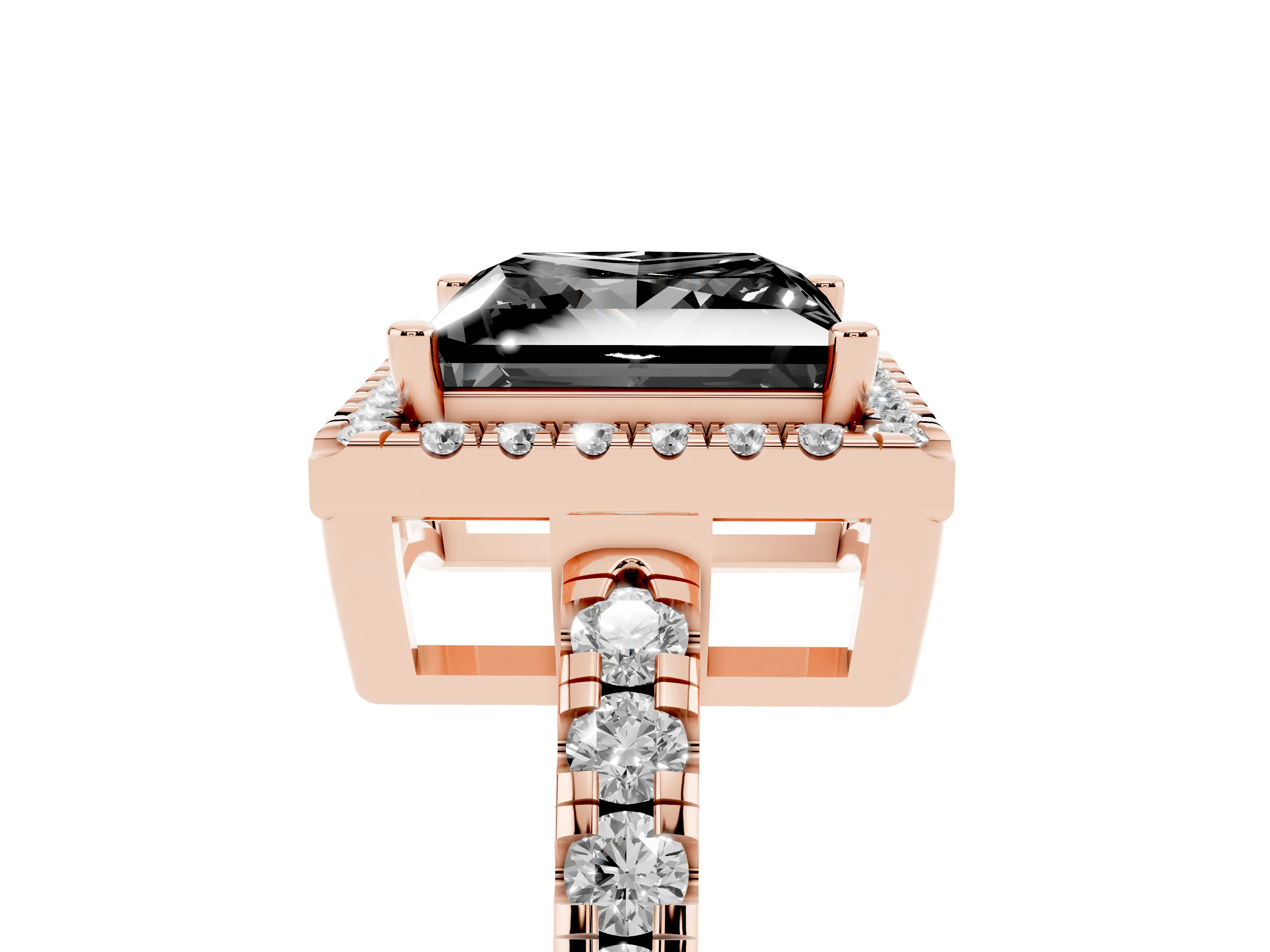 Fancy Black Princess Cut Diamond Halo Ring Set in Rose gold with Delicate Pavé Band and Prong Setting